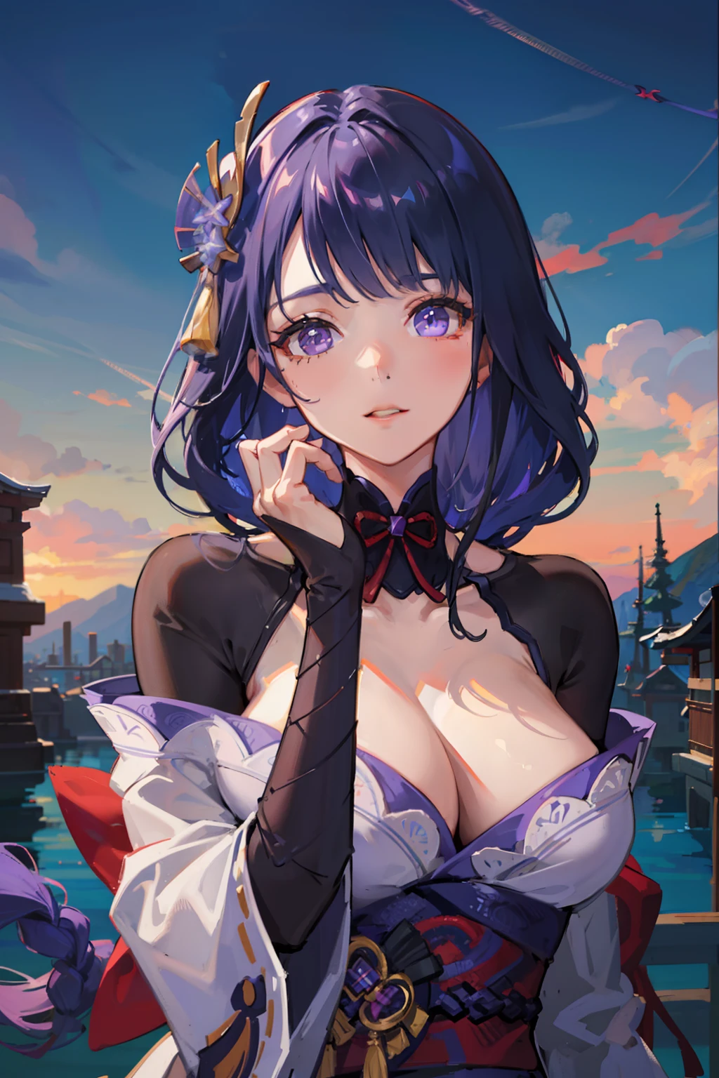Illustration, UHD, retina, masterpiece, accurate, anatomically correct, super detail, high details, high quality, award winning, best quality, highres, good anatomy, 1080P, HD, 4K, 8k, 16k, 1girl, dynamic pose, androgynous, full body detailed eyes, detailed clothes, detailed hair, rendering, sketch, Raiden Shogun, Green background, green screen
