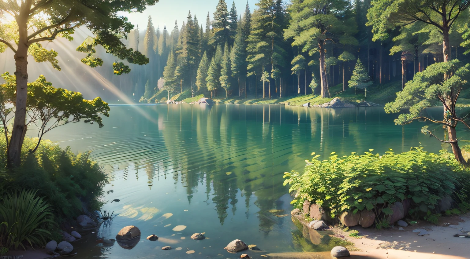 landscape of a forest, realistic, with trees, very green, with a very transparent lake, rays of sun, 1080P --auto --s2