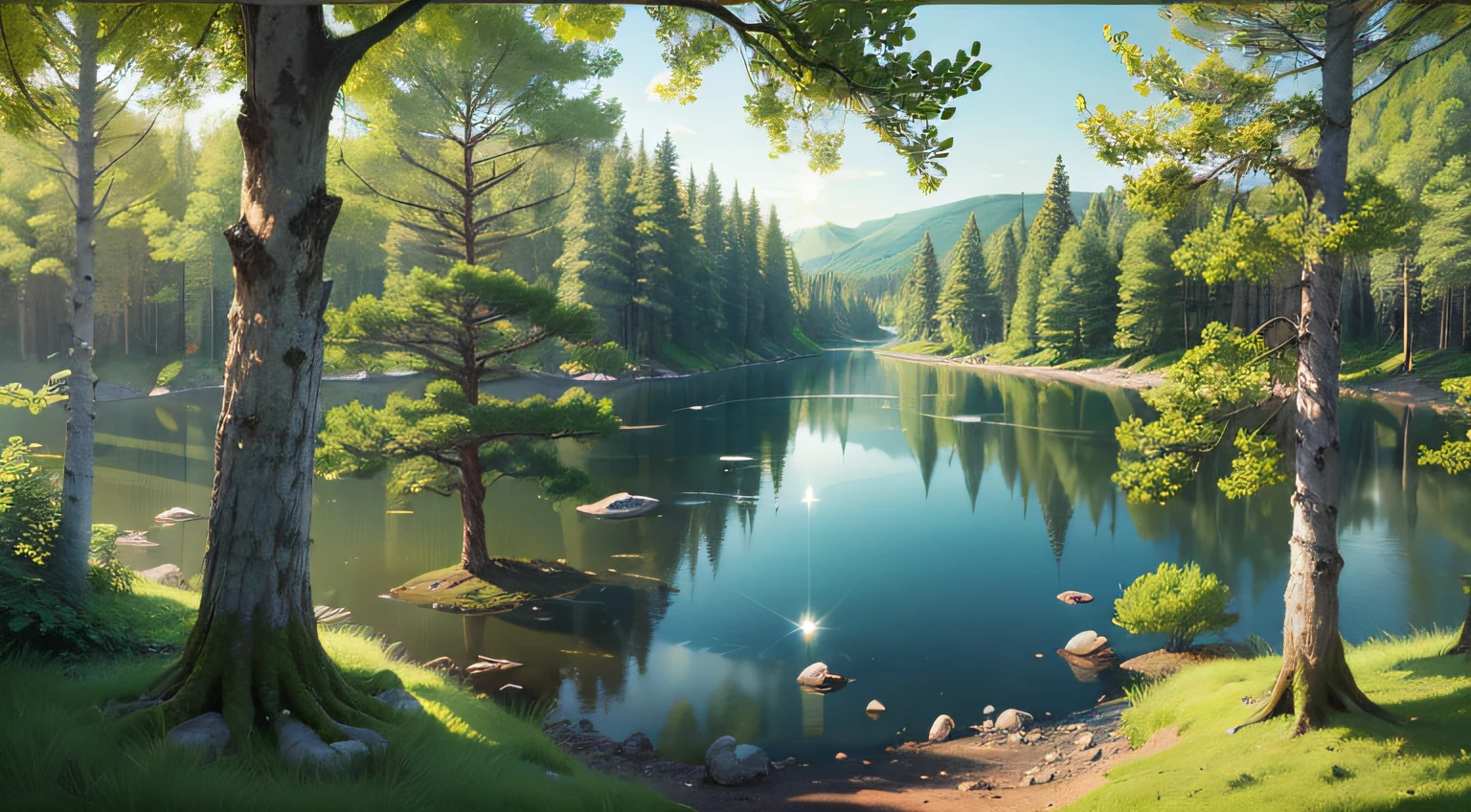 landscape of a forest, realistic, with trees, very green, with a very transparent lake, rays of sun --auto --s2