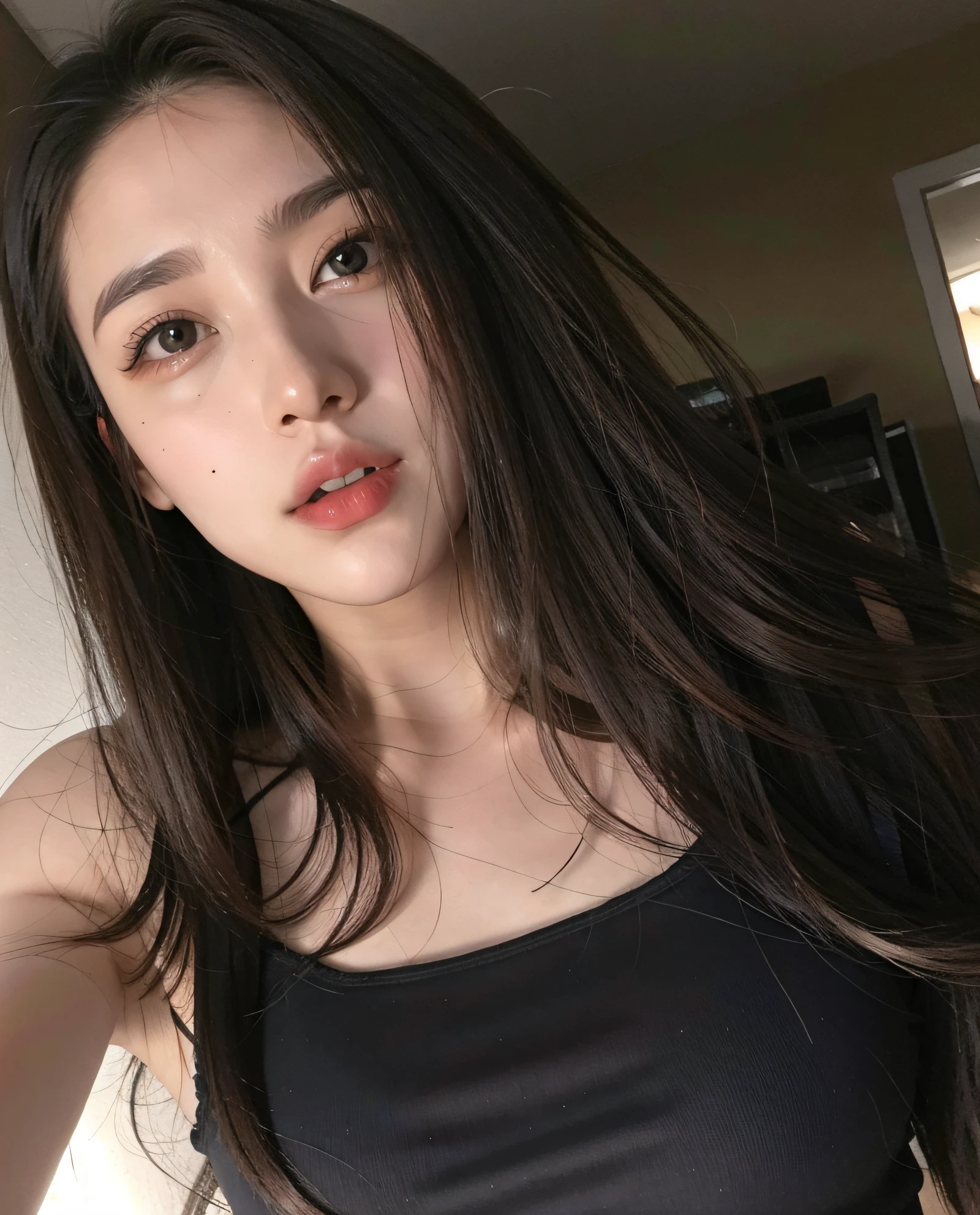 upper body, masterpiece, top quality, raw photo, photorealistic, big, face light, shiny skin, high resolution, super detail, detail, detailed eyes and face, sharp pupils, realistic pupils, sharp focus, shiny skin, yawning in bed, dark hair, sporty clothes, long hair, open mouth, yawning