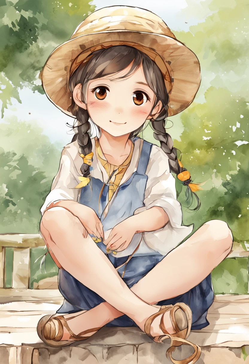 1girl,solo,overalls,hat,closed eyes,sitting,shirt,braid,twin braids,smile,blush,shoes,female child,pencil,white headwear,holding,simple background,twintails,full body,brown hair,indian style,child,black hair,long hair,yellow shirt,