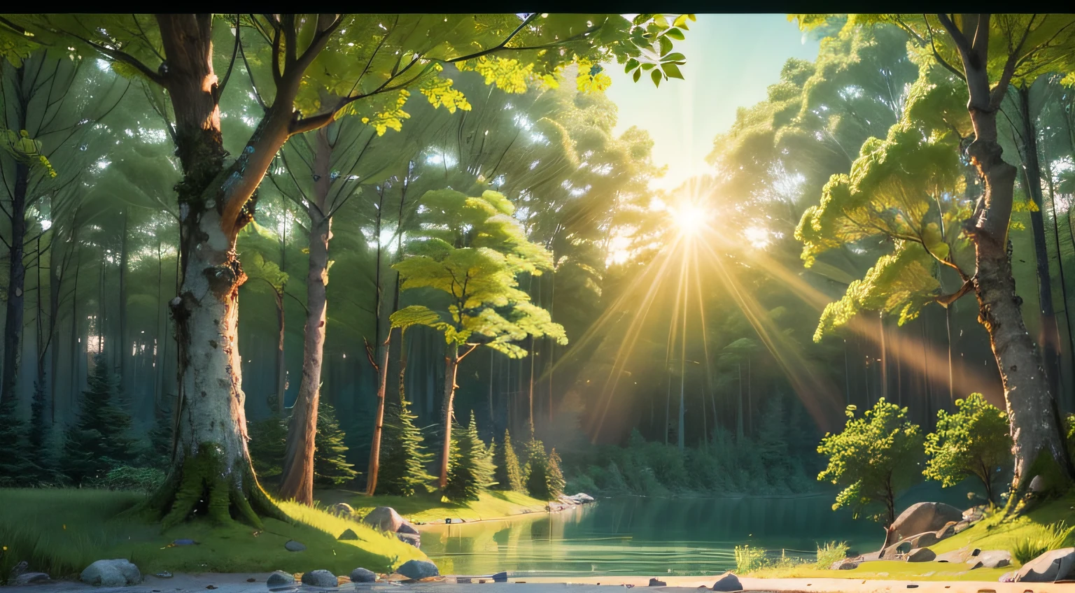 landscape of a forest, realistic, with trees, very green, with a very transparent lake, rays of sun --auto --s2