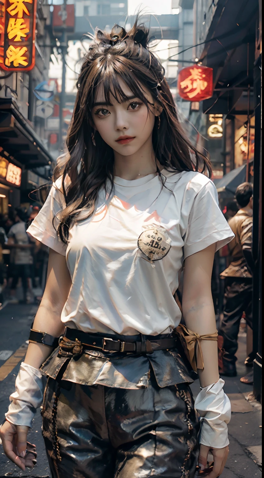 Videl Dragonball, serious face, white t-shirt, black leggings, original black long hair, long eyelashes, beautiful eyes with brightness, surrealism, shadow, stereogram, (photorealistic, realistic: 1.2), POV, atmospheric perspective, cinematic lighting, ray tracing, 8k, super detail, best quality, masterpiece, well detailed, (Canan EOS R6, 135mm, 1/1250s, f/2.8, ISO 400:0.9), cyberpunk, neon, neon signs, ramen shops