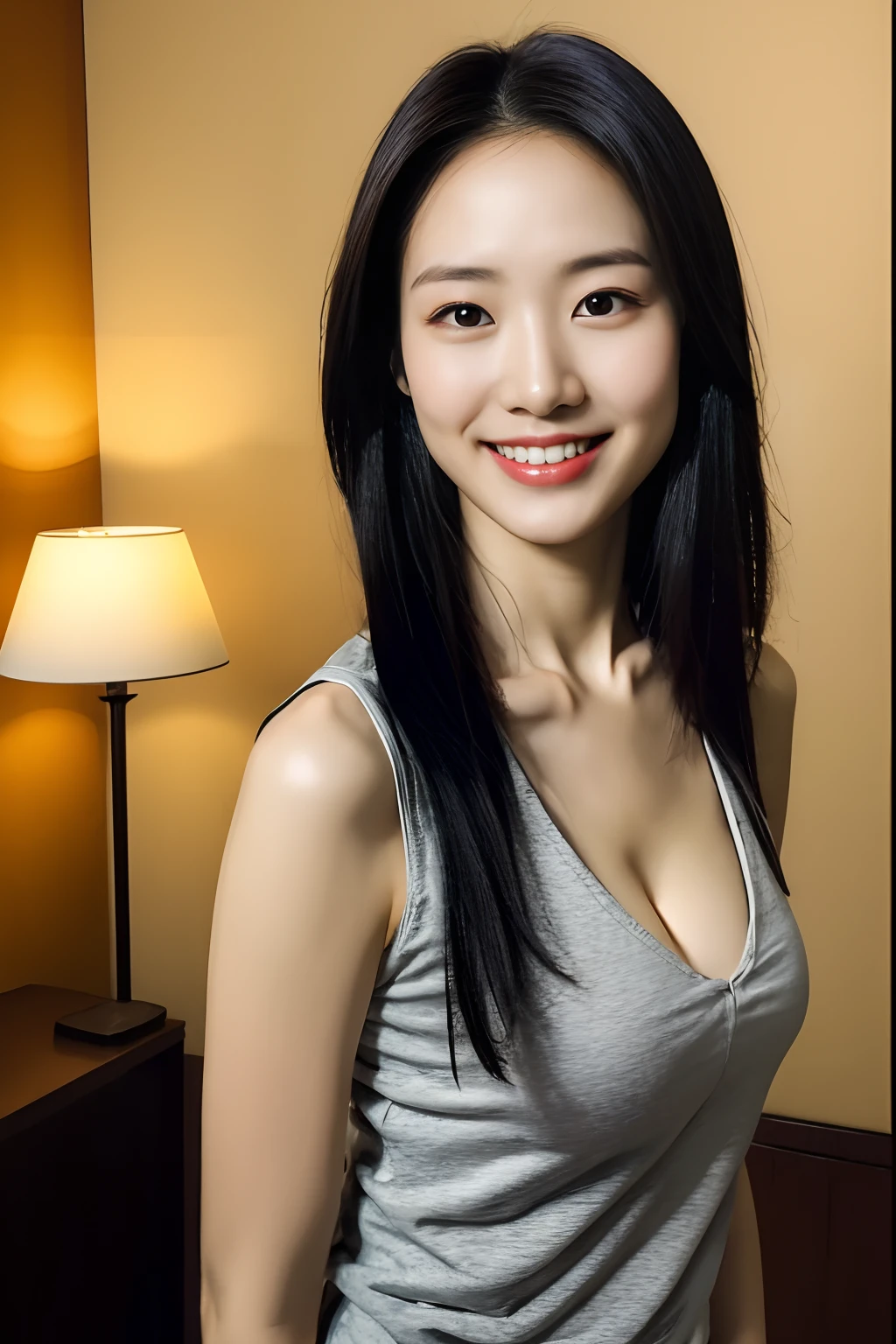 portlate, 8K, hightquality, Realistic photo images, 25-years old, A Japanese Lady, Upper body image, Neat and clean woman, mideum breasts, Reproduce natural and realistic eyes, Beautiful black hair, Hair of medium length, straight haired, Solid makeup, at hotel's room, beautiful lighting, Composition of the golden ratio, ssmile, dressed casually, Natural background, blured background