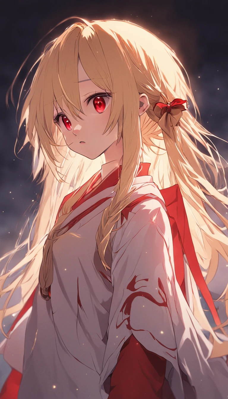 Blonde hair,red eyes,dual horsetail,Red ta,With a white shawl,Around the neck hangs crimson onyx,