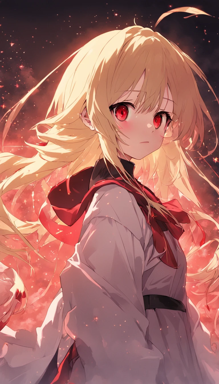 Blonde hair，red eyes，dual horsetail，Red Lolita，With a white shawl，Around the neck hangs crimson onyx，