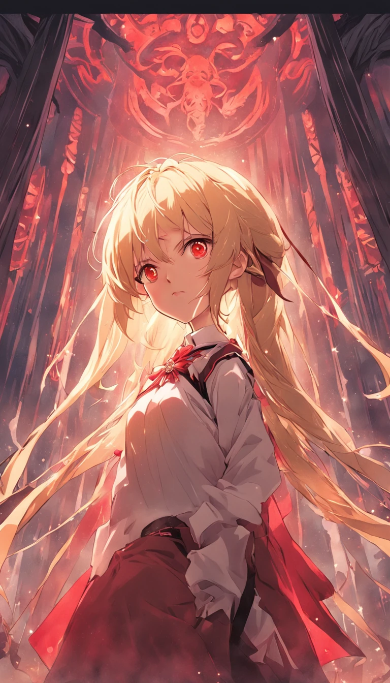 Blonde hair,red eyes,dual horsetail,Red Lolita,With a white shawl,Around the neck hangs crimson onyx,