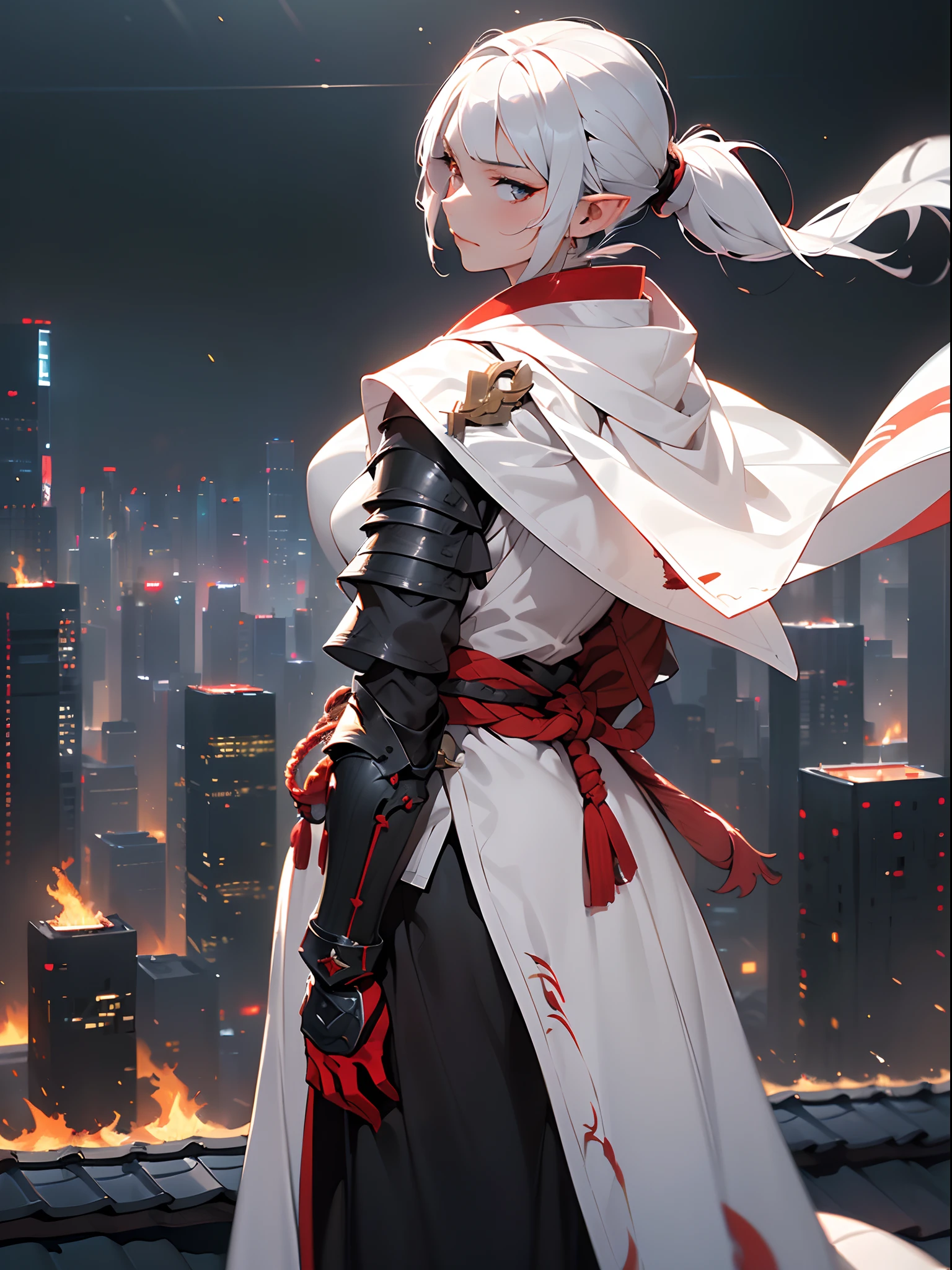 ((jpn)),((Best Quality)),((Beautifully painted)),((hight resolution)),1girl in,Beautiful Elven Daughter,((onmyouji)),((suikan)),((White cloak with red decoration)),Luminescent bushy silver-haired ponytail,Shining eyes,(((black cyber gauntlet and glove))),nice hand, Perfect hands,((((Arm crossed on the roof of a skyscraper and gaze at the burning city)))),((Flying flames)),armor,(face forcus),(((motion blur))),(((dynamic angle))),((cinematic lighting)),((from behind))