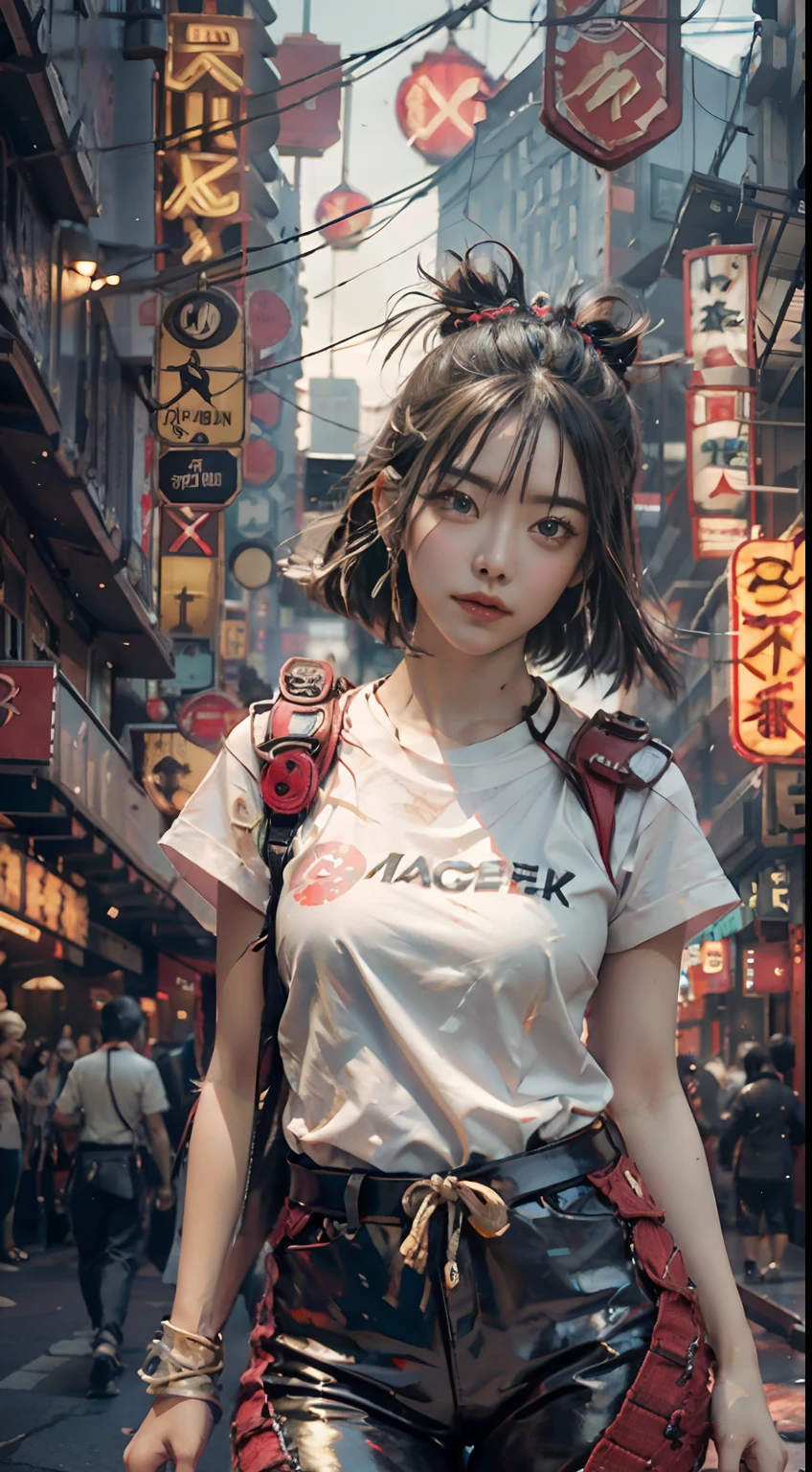 Arafed asian woman walking down a busy street in a city - SeaArt AI