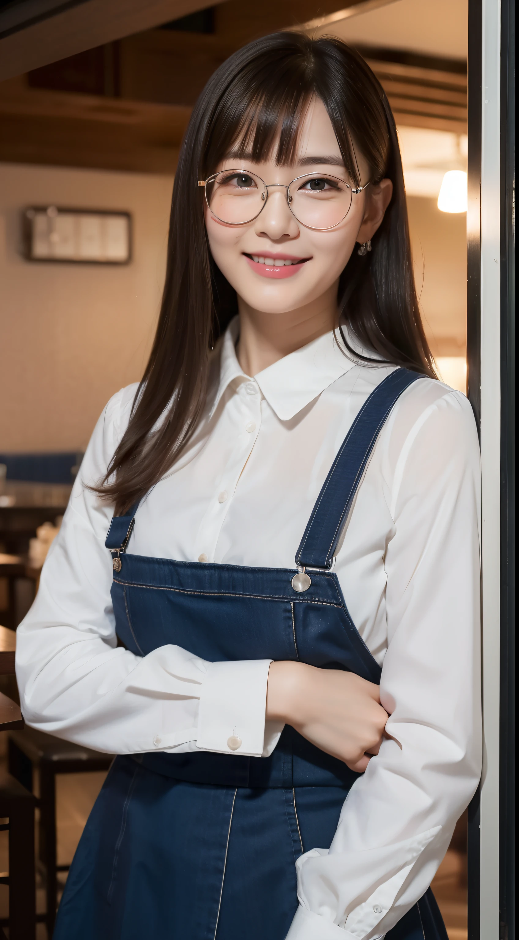 ((Best quality, 8k, Masterpiece: 1.3)), (raw photo:1.2), Sharp focus: 1.2, A beautiful woman with perfect body: 1.4, Highly detailed face and skin texture, Detailed eyes, Double eyelid, 1girl, Japanese idol,smiling, cowboy shot, Pretty, (with narrow glasses),medium hair,parted bangs,standing,in the restaurant,wearing a Maid clothes,