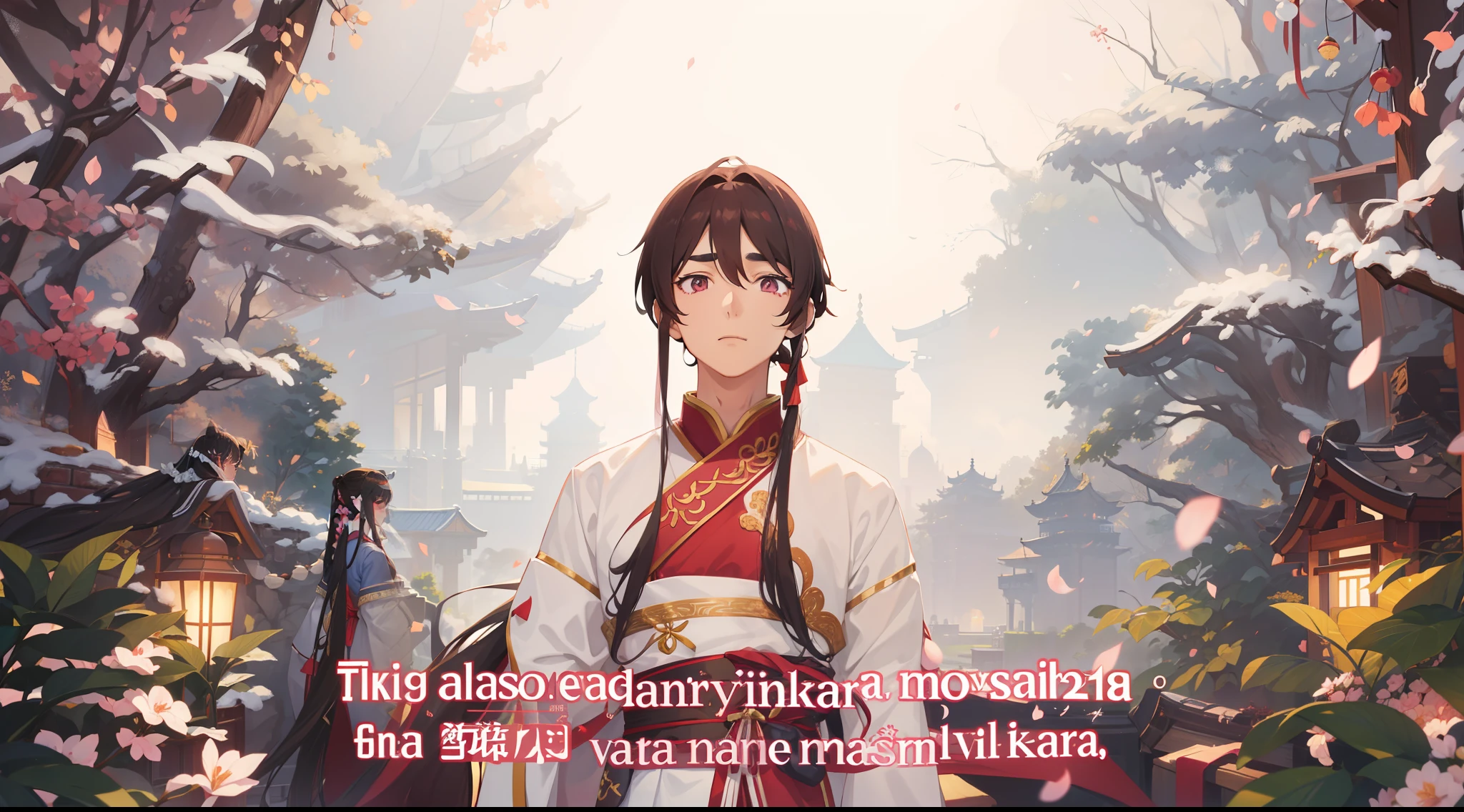 Long brown hair in a ponytail with a very long ribbon, dark pink eyes, thick eyebrows, one boy, young boy, handsome, navy blue half-sleeved cheongsam, white haori with hood, blue sky, Shanghai landscape, castle