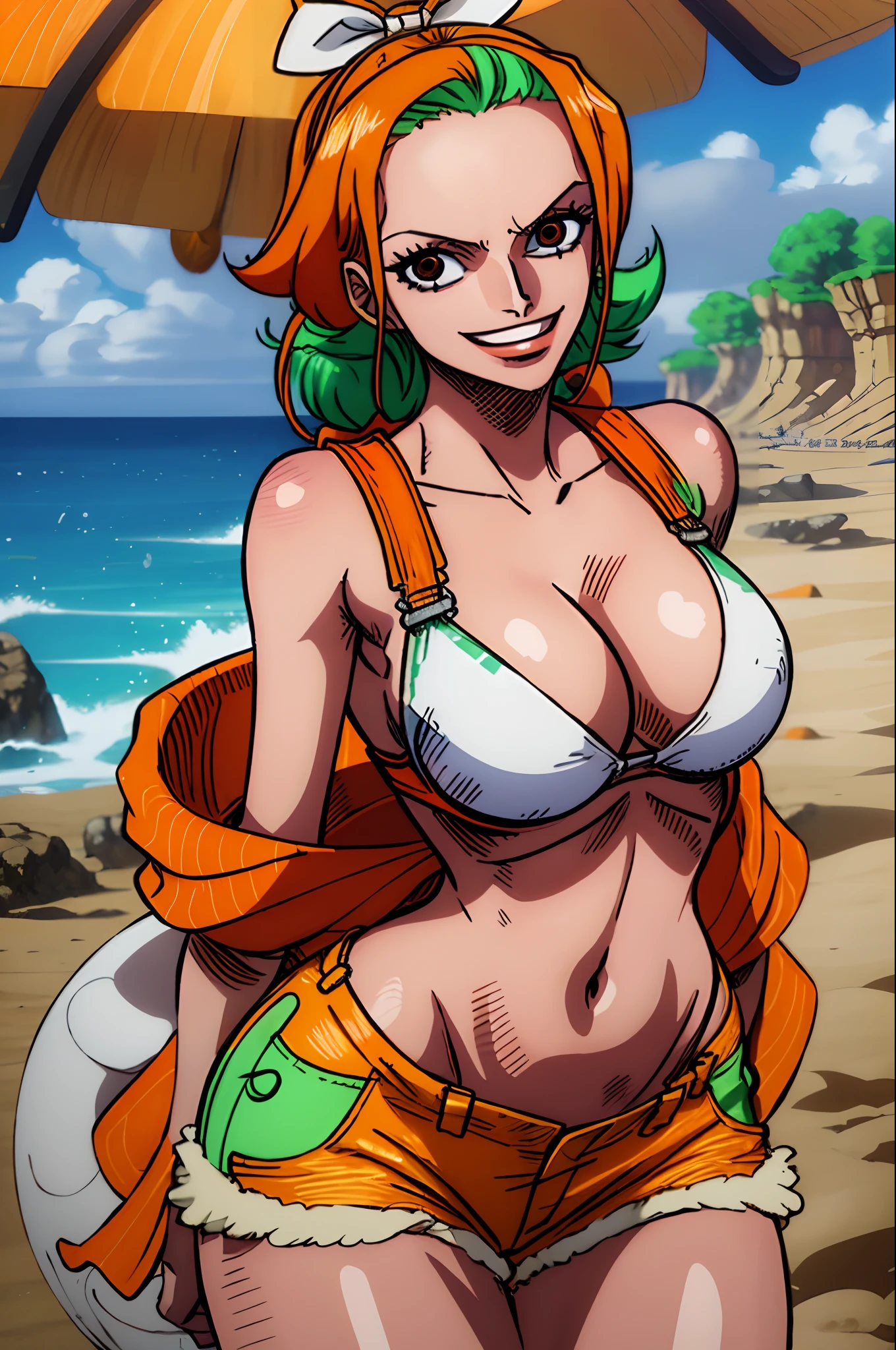 nami_\(one_piece\), 1girl, solo, standing, (large breasts), orange, (orange overalls), (orange overall_shorts), (white bikini_top), cleavage, embarrassed, smile, brown_eyes, shiny_skin, cowboy_shot, beach, skindentation, arms_behind_back, (green hairband with bow),