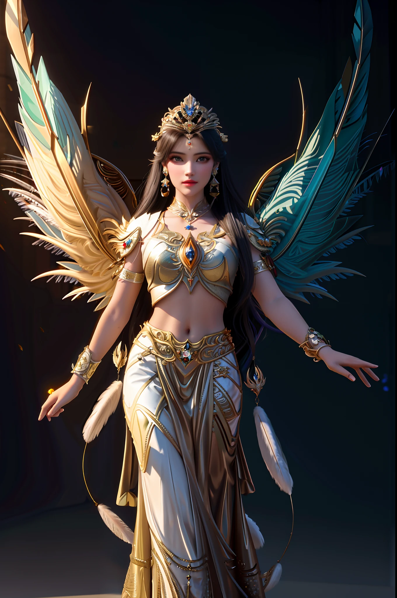 Upper body human head，Beautiful girl with bird's body and bird's claws on the lower body。They cover their chests and arms，Gorgeous feathers，Wear a wishful crown on your head，The upper dorsal wings are relaxed，Hang Yingluo，Armband bracelet