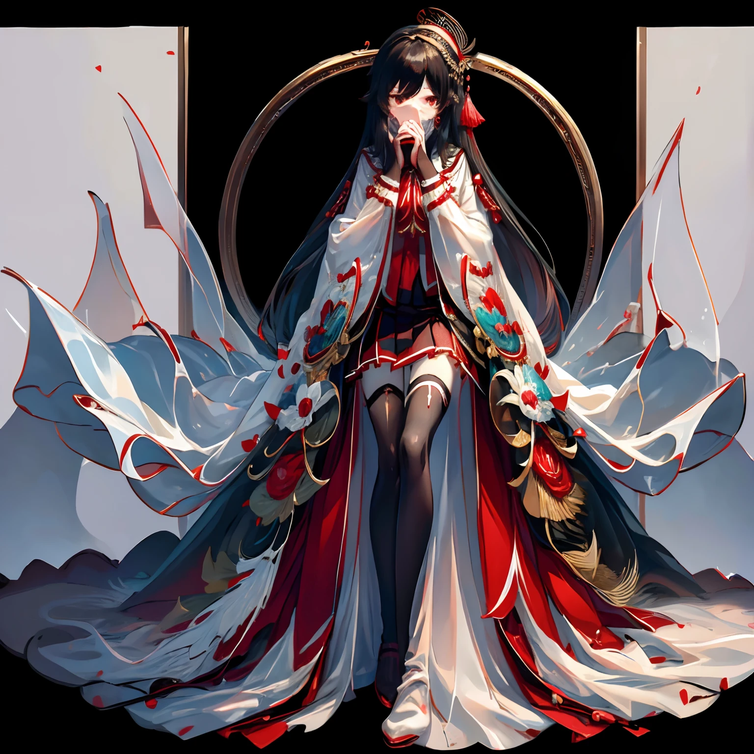 tmasterpiece,best qualtiy,Correct limbs,Girl covering her mouth,is shy:1.5,Be red in the face:1.5,JK school uniform,emaciated,a black pleated skirt,black lence stockings,thin very long legs,18year old,High school seniors,school ground