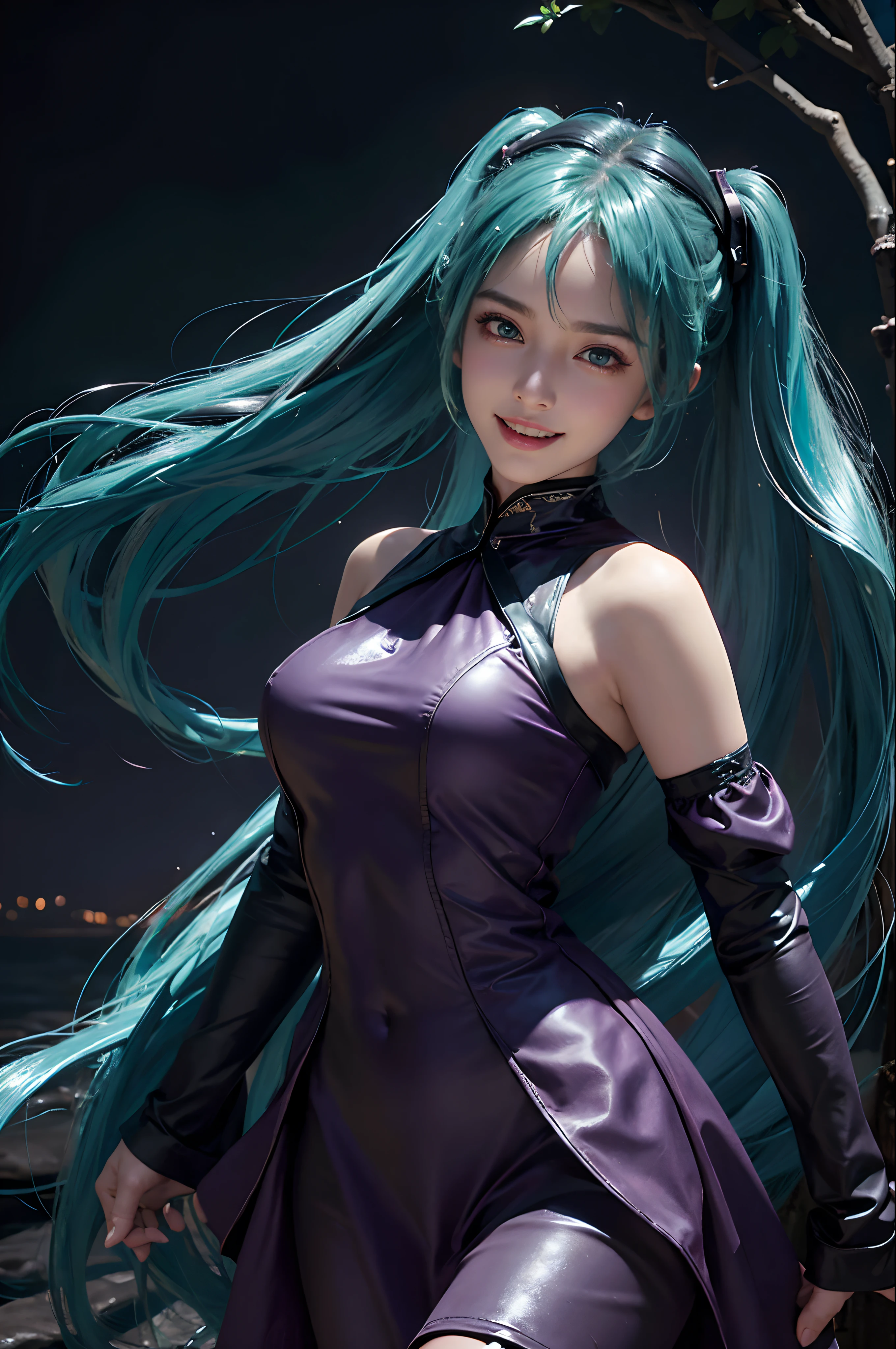 (hatsune miku charakter), tosca hair color, long twin tail hair with pony, looking at the view, eyes on the view, smile (big smile), (open mouth), full body photo, 21 years old girl, perfect body, perfect anatomy, tosca eye color, double eyelids, huge breasts, Highly detailed skin texture, (Realistic skin), Ultra-Detailed Face, Detailed Lips, Detailed Eyes, Double Eyelids, nacklaces, wet skin, wet hair, (((simple background))), (front focus), (in the dark:1.6), deep dark, Hyperrealist portrait of female by david hockney and alphonse mucha, fantasy art, photo realistic, dynamic pose, hot model pose, dynamic lighting, artstation, poster, volumetric lighting, very detailed faces, 4 k, in the dark, deep shadow, low key, cowboy shot, (purple dress color), s((atin dress 1:1)), lighting dress full body photo