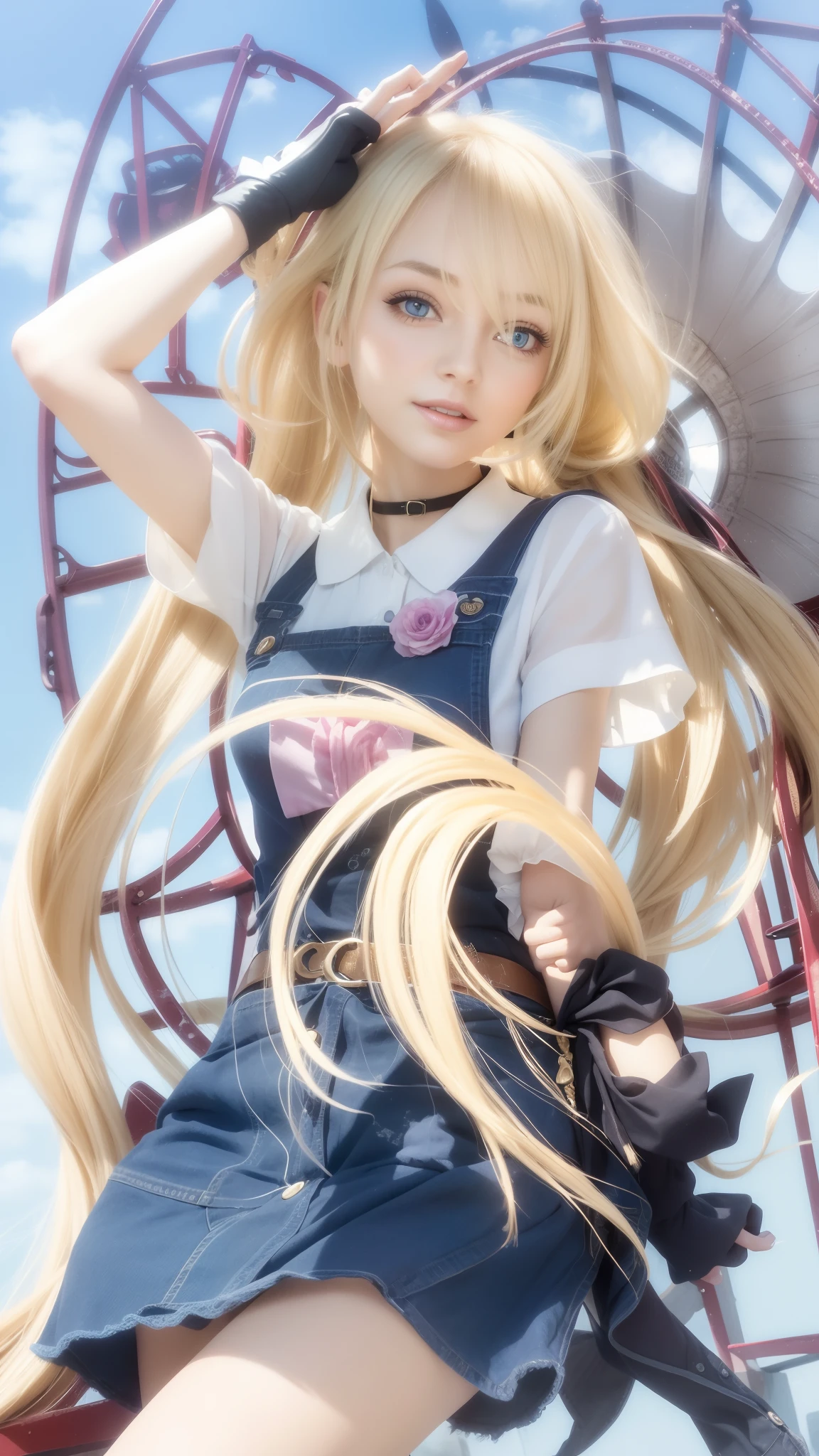 Female 30 old years, beautiful face, Long blonde hair, Blink one eye, Little smile, photorealistic, masterpiece, fix hands