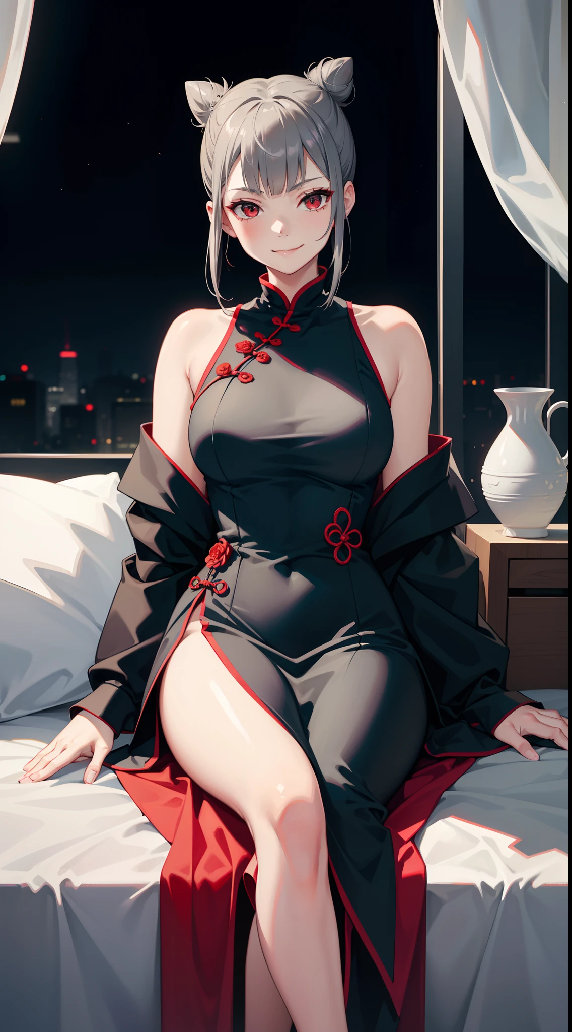 young girl, short gray hair, hair in a bun, red-eyes, smirk, grey chinese dress, translucent, fan, smirk, Sits, Masterpiece, hiquality
