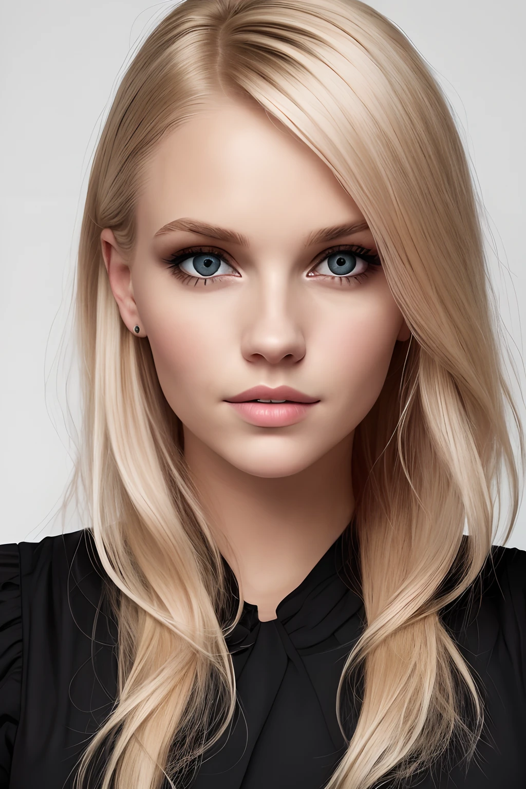 Aesthetic artwork, a finnish woman, blonde hair, black eyes, straight hair, flushed cheeks, full lips, mischievous gaze, light brown skin, short black dress, sexy build,