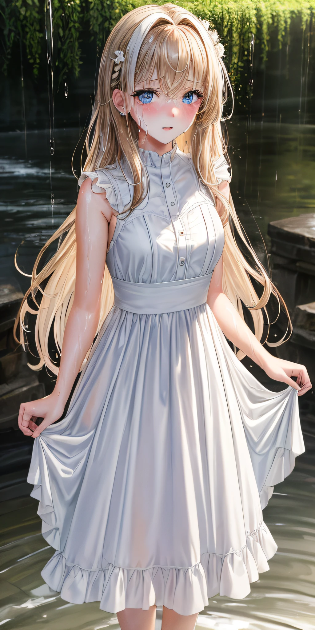 {best quality}, {{masterpiece}}, {highres}, {{{full body shot}}}, extremely detailed girl, teenager, australian, {{{pale skin}}}, {{{detailed face}}}, {anime}, sharp focus, {{{character{1 girl}}}}, solo, {{{white sleeveless dress}}}, beautiful detailed eyes, hazel eyes, {{{{{sharp focus}}}}}, shiny hair, medium hair, light-brown hair, rain, wet clothes, wet hair, soaking wet, embarrased face
