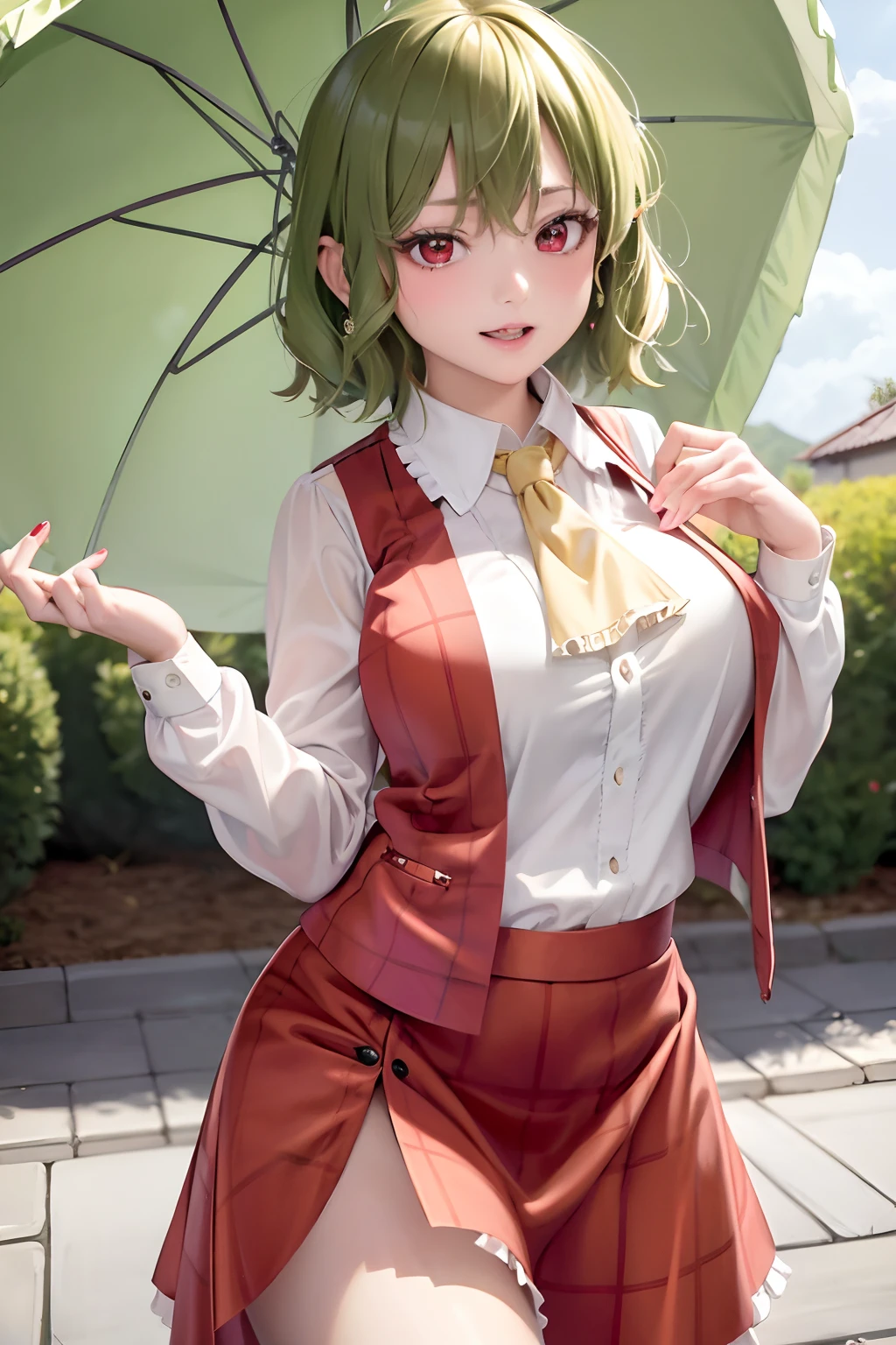 masutepiece, Best Quality, 1girl in, kazami yuuka, Green hair, umbrellas, Solo, Skirt, vests, Plaid,  ascot, plaid skirts, Short hair, Long sleeves, Plaid vest, White shirt, Holding, Red skirt Collared shirt, Red vest、 Red Eyes, skirt set, Smile, Green eyes,, yellow ascot, Open your clothes, open vest,  Cowboy Shot、Undressing