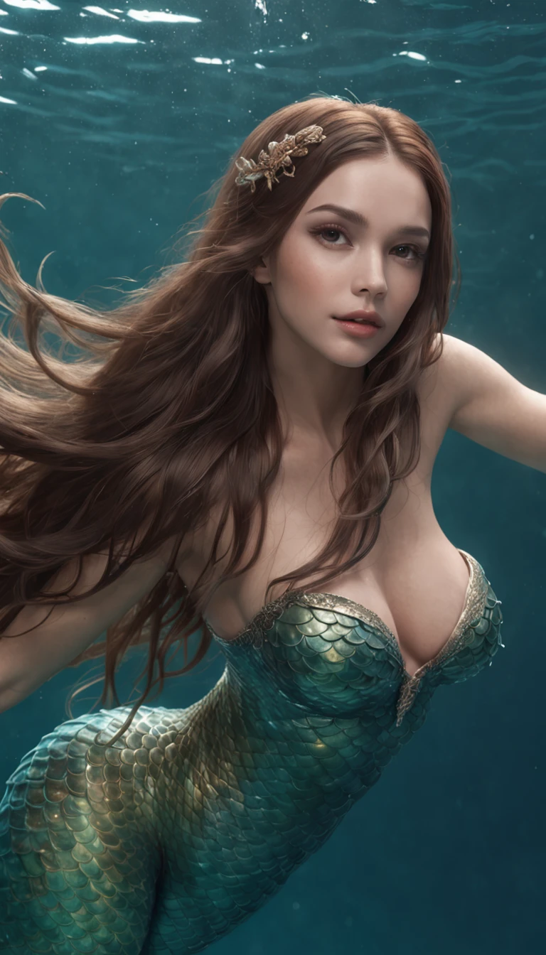 (professional 3d render:1.3) ((Mermaid swims all over)) (Realistic:1.3) most beautiful artwork photo in the world，(((Brown hair))), (( Brown eyes)), brunette, Caucasians, ((long mermaid tail)), (((Detailed mermaid fins))), full bodyesbian, sport, Features: Soft and shiny, ((Epic mermaid fantasy long hair in dynamic pose,Full tail, Fantastic location, Majestic cluttered environment)), full body 8k unity render, action  shot, skin pore, heavyshading, Detailed, Detailed face, (vibrant, photograph realistic, Realistic, Dramatic, Dark, Sharp focus, 8K), (fish scales:1.4), ((((Mermaid tail)))), (Intricate:1.4), decadent, (Highly detailed:1.4), Digital painting, rendering by octane, art  stations, concept-art, smooth, Sharp focus, illustration, Art germ, (loish:0.23), (Global illumination, Studio light, volumettic light), Underwater, Ocean, lotr, fantasy, mermaid, ((Sea backgroun:1.3)),CGSesociety,art  stations