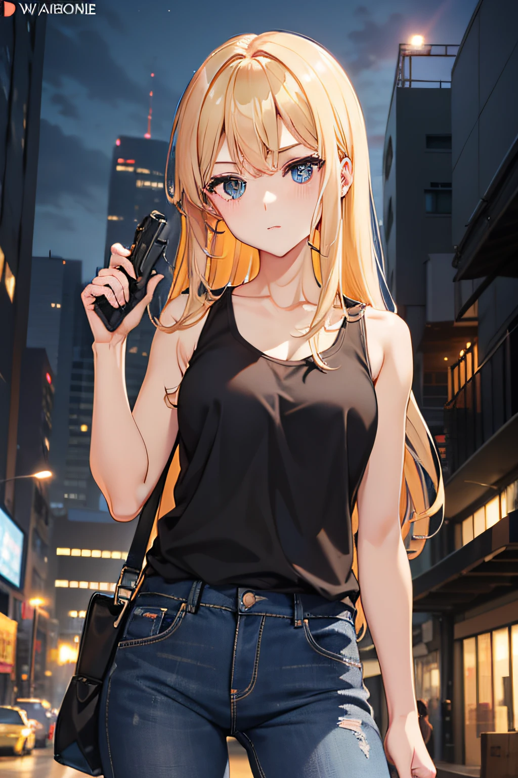 during night、Infiltrate a building、Holding a gun、Work activities、cute  face、full bodyesbian、Semi-long hair、a blond、blue eyes、Black tank top、Blue Jeans Skirt