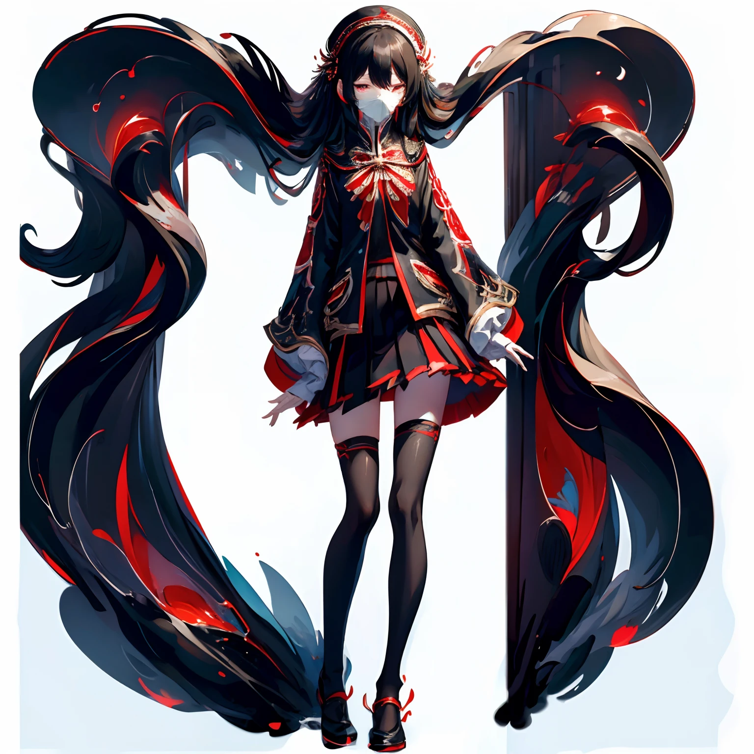 masterpiece, best quality, super fine illustration, perfect anatomy, correct anatomy, perfect proportion, perfect face, perfect hands, perfect legs, perfect fingers, perfect hands, professional lighting, best quality, ultra detailed, extremely delicate and beautiful, 4k, 8k,,1girl, fox girl, (((multicolored hair:1.2)(black 1.1)(red 1.1), fox ears, long hair, fox tail, black dress, fishnet stockings, cute expression, skull hair clip, green eyes, full body, solid white background,
