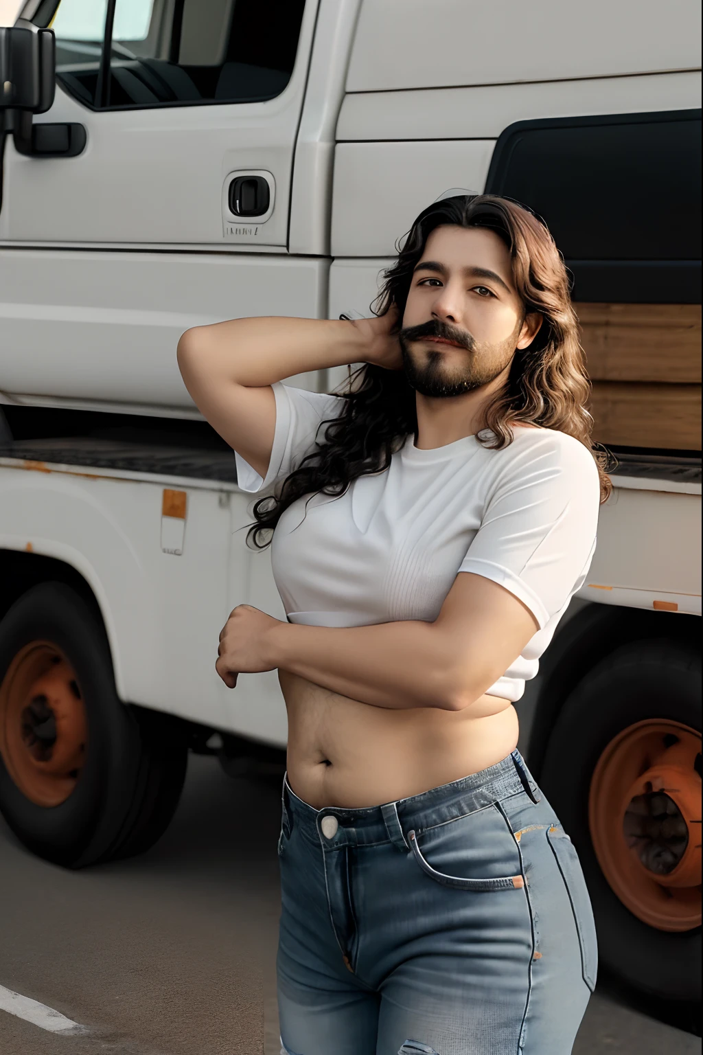 (((Dois Caminhoneiros de 60 anos beijo gay))), (beijo apaixonado, hugging, boca na boca, olhos fechados apaixonados, corpos gordos, full-bodied truck driver on the left, wearing a messy mustache and wavy hair, White stubble and truck driver, jeans, no meio, vestindo uma camisa xadrez vermelha aberta, corpo grande, forte, barriga robusta vestindo shorts verdes, cabelo cortado nas laterais e cravado por cima, Truck driver on the right has a fat body and a very hairy chest of very large body; Black pants with open hairy belly at the bottom, a huge red and black road truck ((( em um beijo apaixonado))), (((peitoral muito peludo))), Tatuado, (((barriga grande))), (rosto detalhado:1.3), (hyper-realistic:1.3), (((fabrica abandonada e suja))), 8k