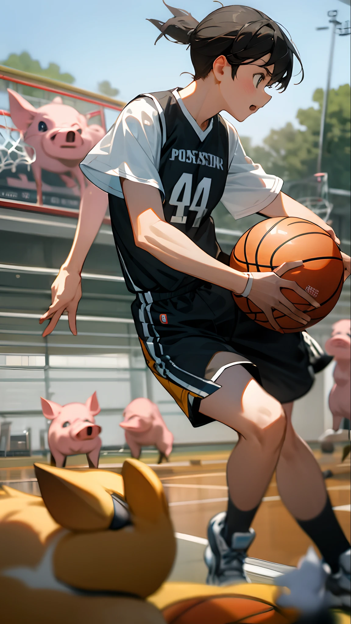 Pigs and ducks playing basketball