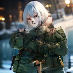 (photorealistic), beautiful lighting, best quality, realistic, full body portrait, real picture, intricate details, depth of field, 1girl, in a cold snowstorm, A very muscular solider girl with haircut, wearing winter camo military fatigues, camo plate carrier rig, combat gloves, (magazin pouches), (kneepads), highly-detailed, perfect face, blue eyes, lips, wide hips, small waist, tall, make up, tacticool, Fujifilm XT3, outdoors, bright day, Beautiful lighting, RAW photo, 8k uhd, film grain, ((bokeh))