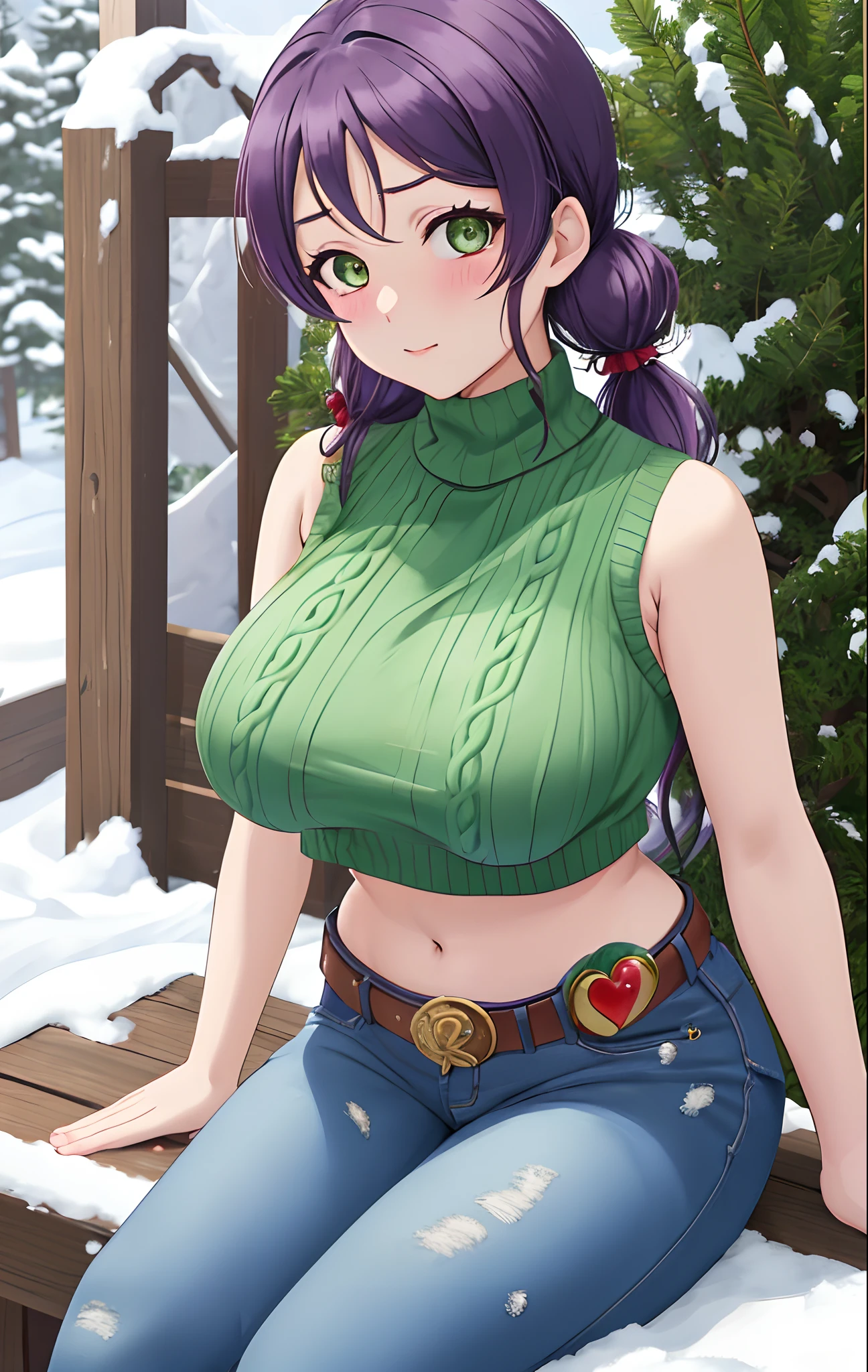 Toujo nozomi, green eyes, low twintails, sweater, sleeveless,midriff,(sexy navel),red moist navel,denim pants,belt, hips, llchar,big breasts, outdoors, arms behind,snow, blushing, sitting,spread legs,thicc abdomen