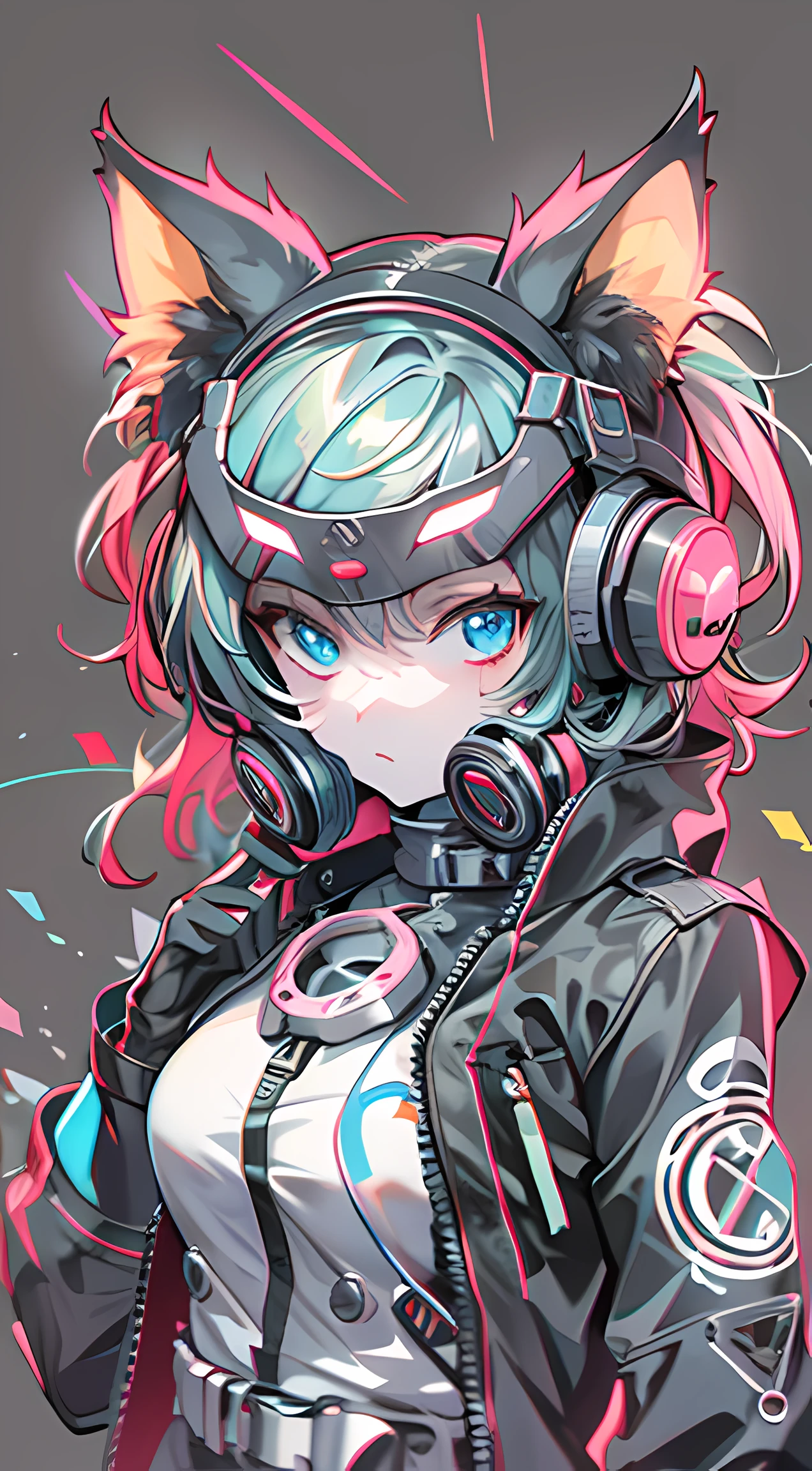 anime catgirl in neon gas mask cyberpunk, isolated portrait on a clean white background, with vibrant colors and sharp details.