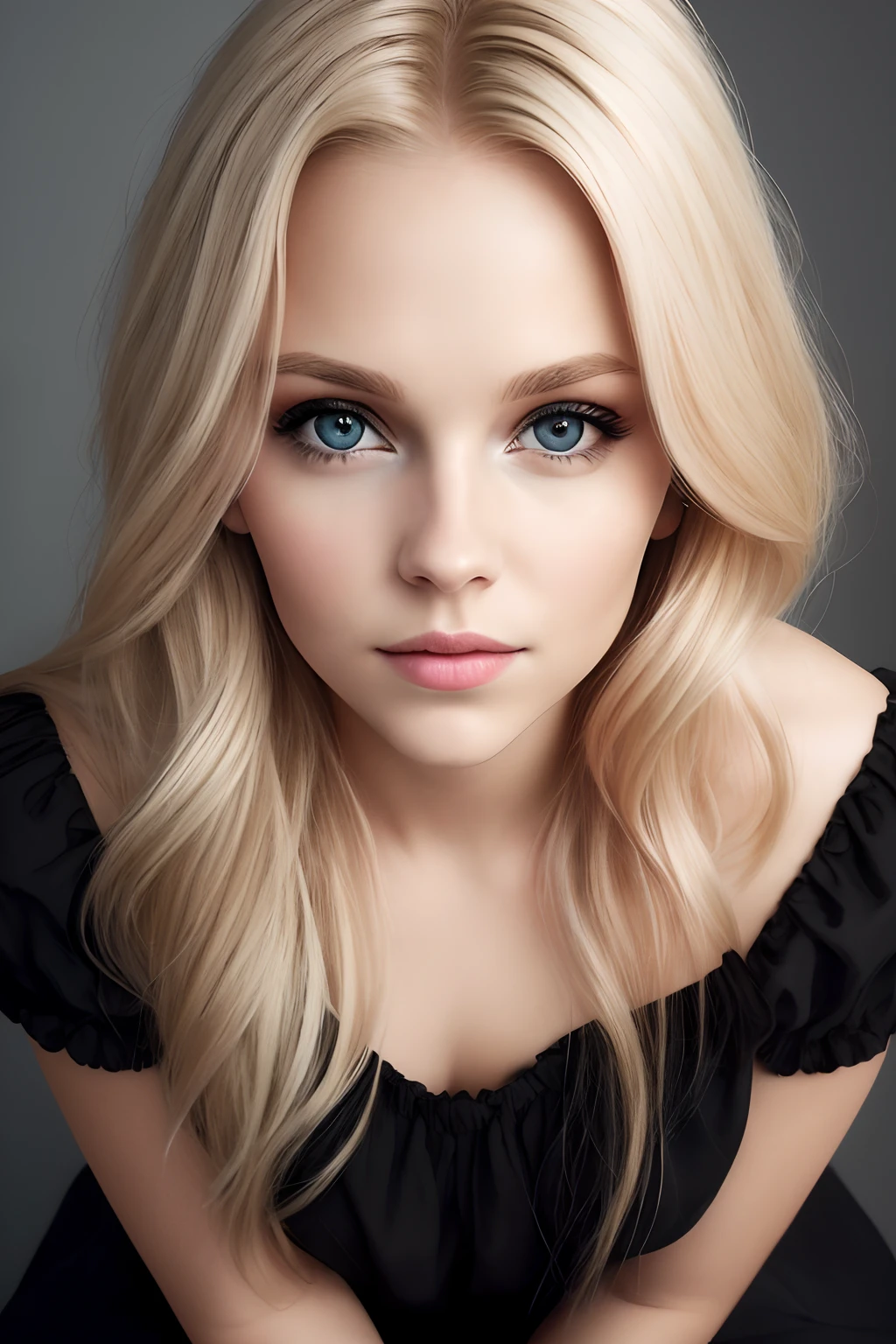 Aesthetic artwork, a finnish woman, blonde hair, black eyes, straight hair, flushed cheeks, full lips, mischievous gaze, light brown skin, short black dress, sexy build,