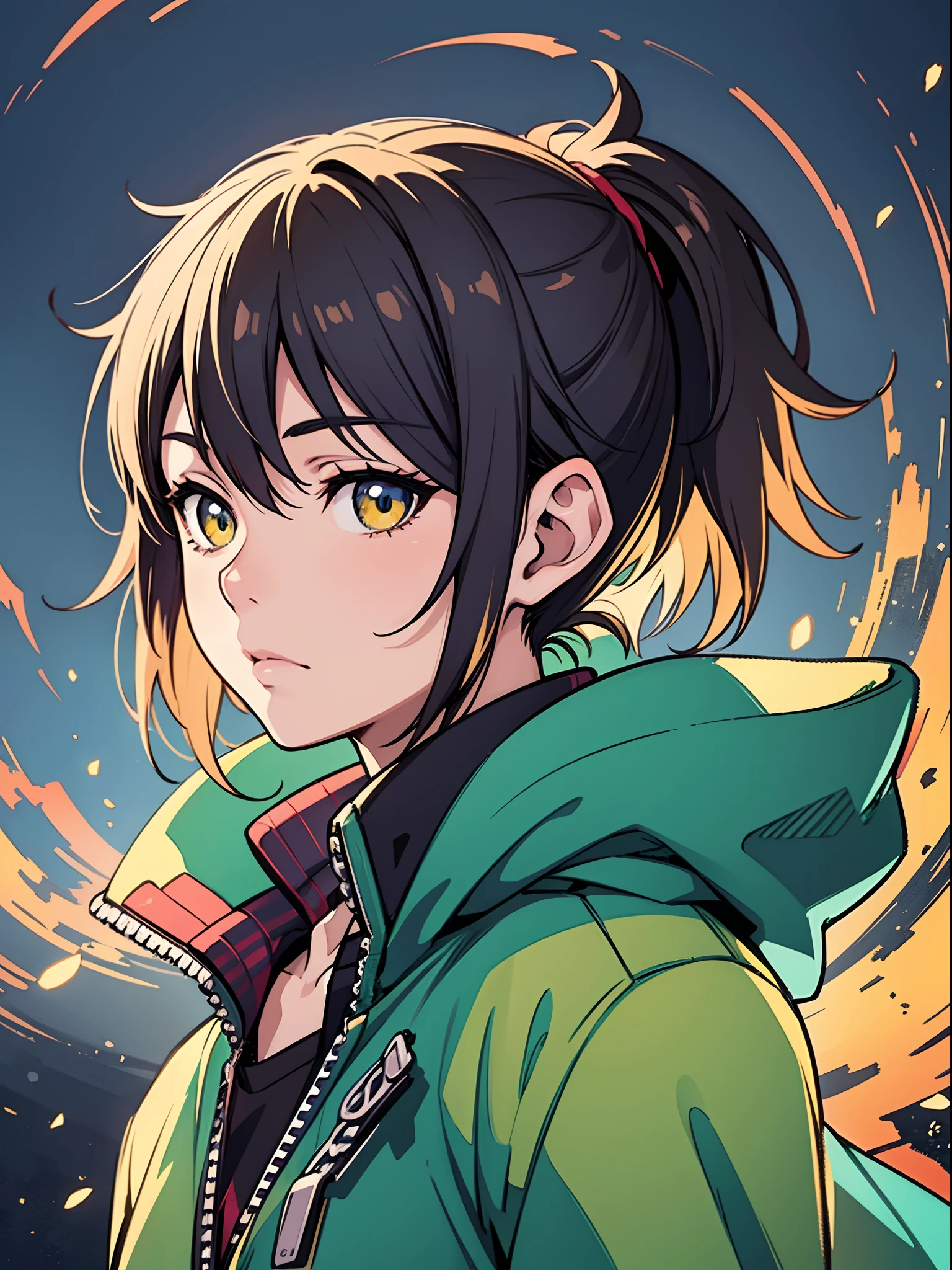 a close up of a person wearing a jacket and a yellow jacket,((orenge eyes,))complex details beautiful and delicate eyes, anime style portrait, made with anime painter studio, makoto shinkai art style, makoto, sayori, by Kamagurka, by Kamisaka Sekka, semirealistic anime style, satoshi kon artstyle, makoto shinkai style, anime style illustration