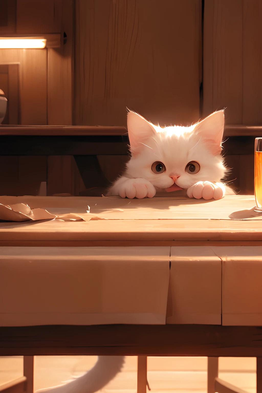 4k, Hi-Res, 巨作, Best Quality, soft lighting, dynamic angle, cat, cute, The cat sat at a table ,