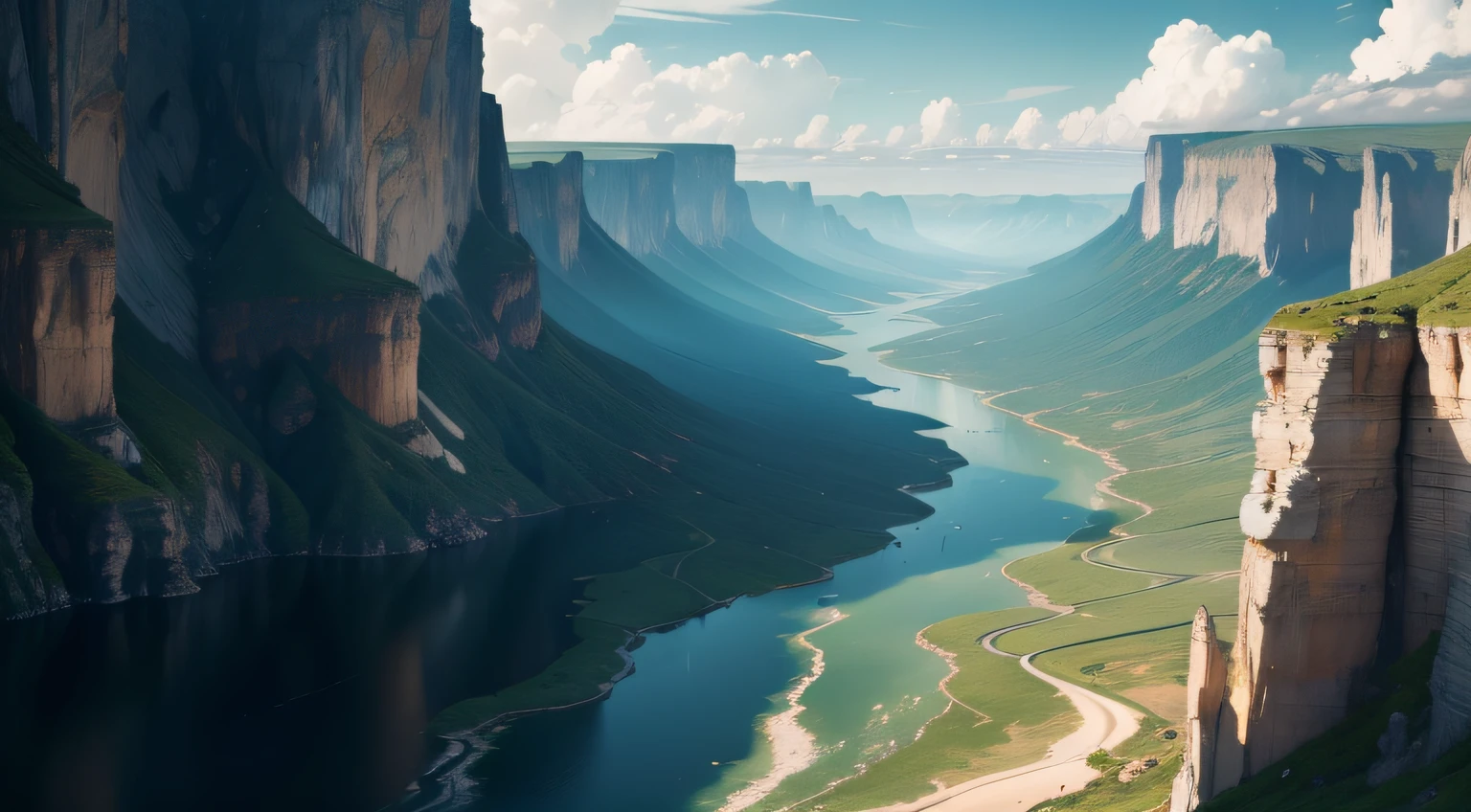 Masterpiece, ultimate quality, Cg unity 8k wallpaper, super delicate, beautiful sky and clouds, rich natural scenery, cliffs, lakes and rivers, waterfalls and flying water, beautiful green mountains, no trace of people, excellent scenery, has already won a photo contest, background Blurring, full depth of field, HDR high dynamics, true restoration, intricate, extreme details, dramatic presentation, perfectly presenting the style of midjourney art.