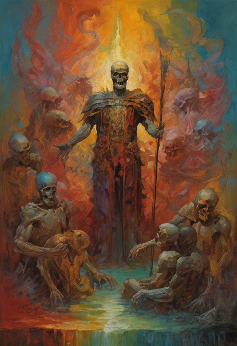 Skeleton King and Lucifer talk to each other in a pile of corpses, Fantasy, Convoluted, Elegant, Highly detailed, Centered, simmetry, Painterly, Convoluted, voluminetric lighting, Beautiful, A masterpiece of rich and deep colors, Sharp Focus, ultra-detailliert, in the style of Dan Mumford and Mark Simonetti, astrophotography