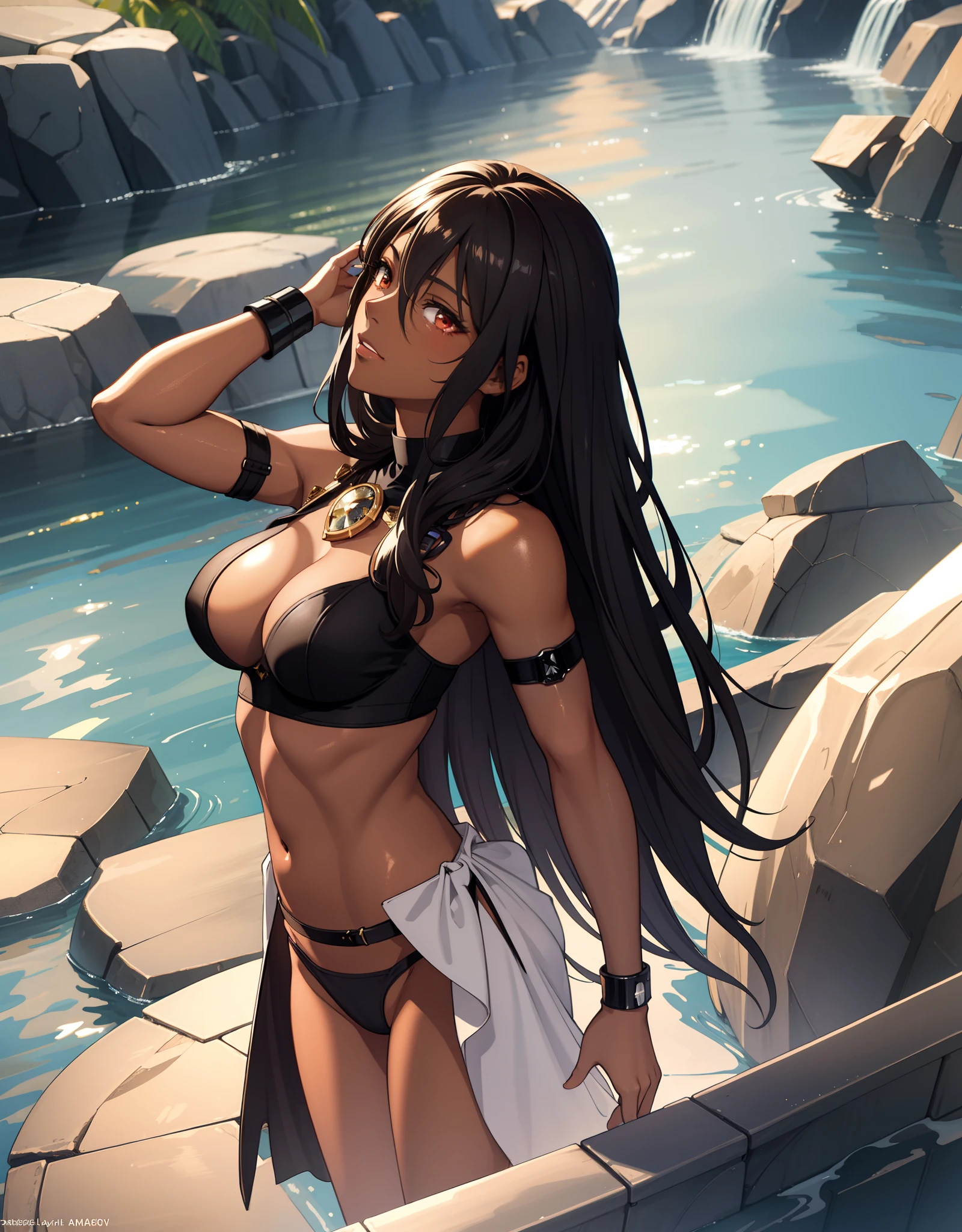 ((((masuter piece、top-quality、Long body、silber hair、large full breasts、Split abs、Brown skin color、perspiring、profile、Bath、Maid appearance、ssmile、A charming expression、Great look))))、Silvery hair、Ruby-like red eyes、(((Very marked camel toe)))、(((Pose with emphasis on the chest)))、(((((Black skin、natta))))),((((darkskin)))),((sun burn))、Realistic skin type、an anime girl、Detailed Digital Anime Art、A seductive anime girl、extremely detailed art germ、a hyperrealistic schoolgirl、Ilyakukvshinov、Smooth Anime CG Art、Ultra Realistic Woman、ig model、ArtGerm、photo-realistic anime girl、digital anime art