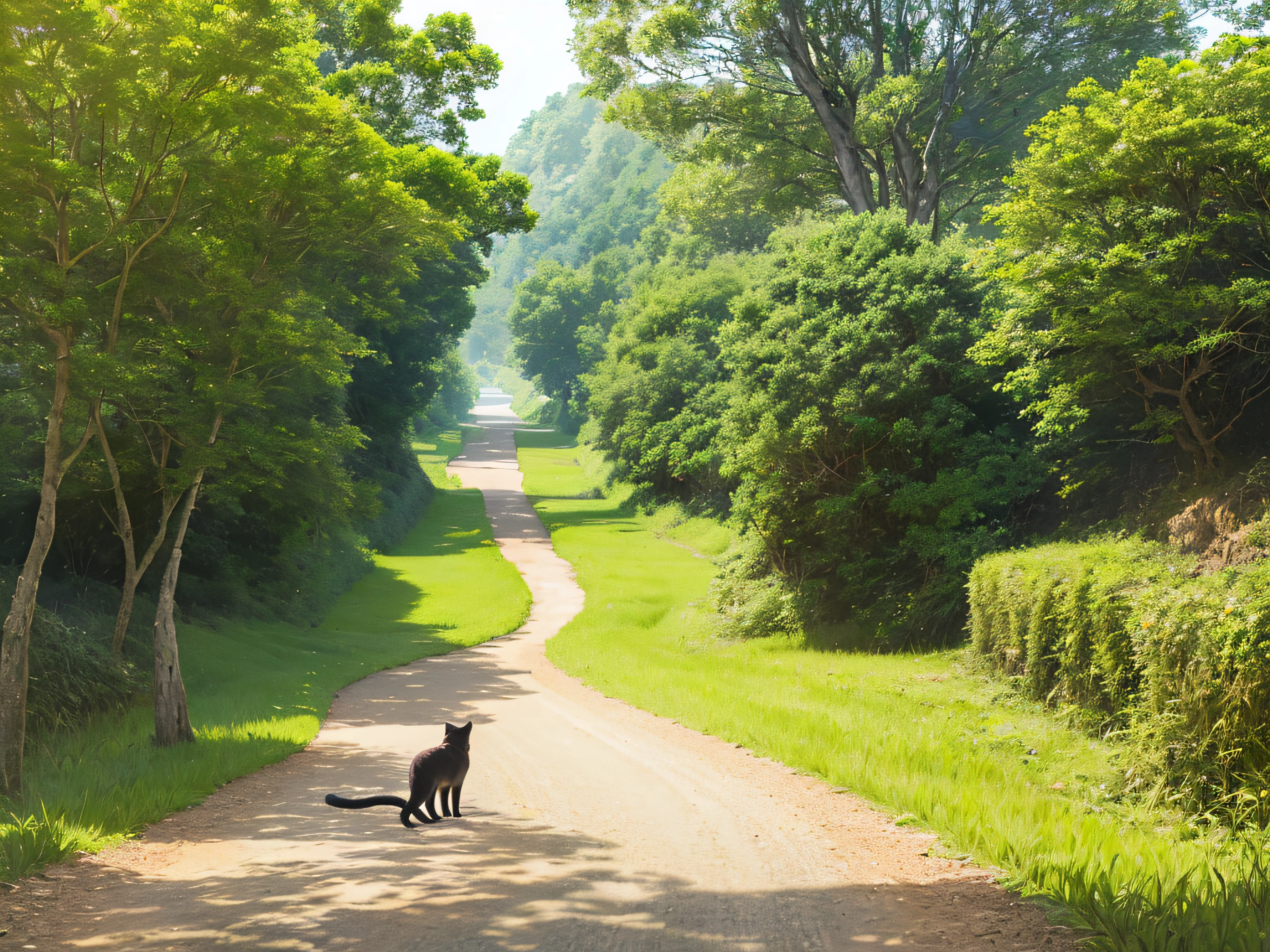 A cat,Walk the winding roads of the countryside,large clouds、blue-sky、Rice fields,There are neat rice seedlings in the field,ln the forest,hillside,Quiet,rustic,high definition detail、hyper-detailing、cinematic ligh、ultra-realistic realism、Soft light、Deep field focus bokeh、Ray tracing and surrealism。 --v6