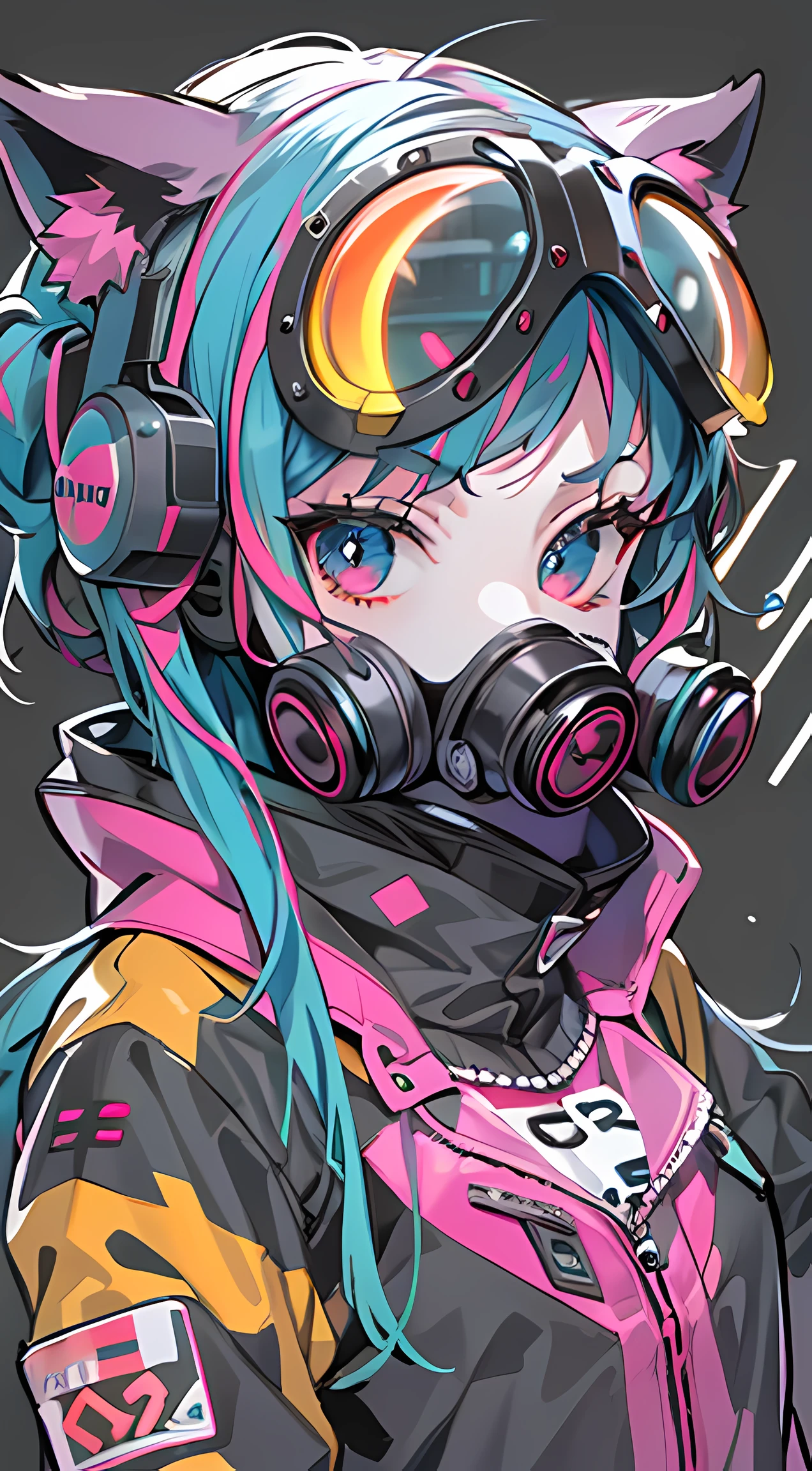anime catgirl in neon gas mask cyberpunk, with vibrant colors and sharp details, isolated on a simple white background.