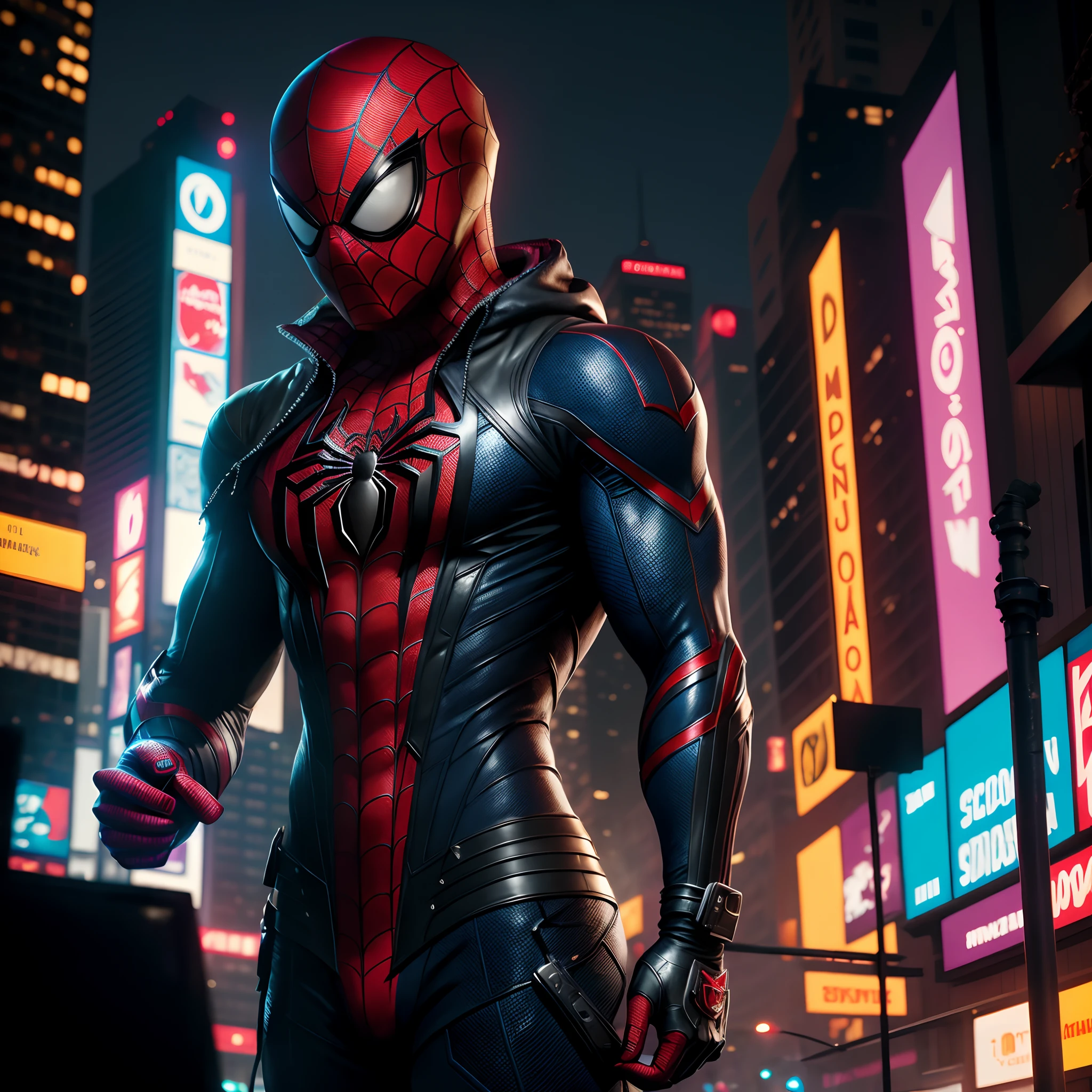 Spider - Man in a leather suit standing in a town at night, Estilo futurista Homem-Aranha, hero pose colorful city lighting, Armadura Samurai Completa Homem-Aranha, 8k render", Miles Morales, Retrato do Homem-Aranha, Miles Morales!!!, spider - estilo de arte verso, Trending in ArtStation 4K, estilo da maravilha, 8 k arte conceitual de alto detalhe, hq 4k papel de parede