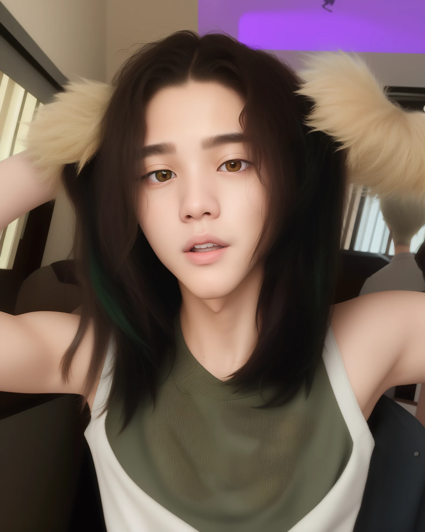 um close up de uma homem com cabelo comprido e um top verde, Jimin BTS, Lee Min Hoo, Kim seon ho, Kim dong won, Wi Ha Joon , Justin Bieber, The ??? Laroi, homem sul-coreano lindo, menino coreano, jimin do BTS, lindo homem coreano jovem, com cabelos curtos, O corte Hime, TaeJune Kim, Justin Bieber, 1 9 anos