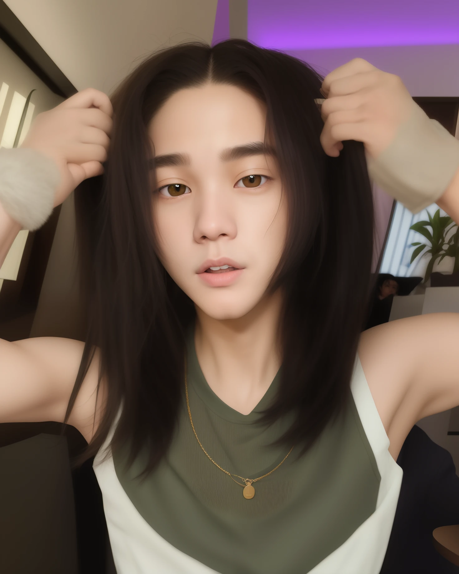 um close up de uma homem com cabelo comprido e um top verde, Jimin BTS, Lee Min Hoo, Kim seon ho, Kim dong won, Wi Ha Joon , Justin Bieber, The ??? Laroi, homem sul-coreano lindo, menino coreano, jimin do BTS, lindo homem coreano jovem, com cabelos curtos, O corte Hime, TaeJune Kim, Justin Bieber, 1 9 anos