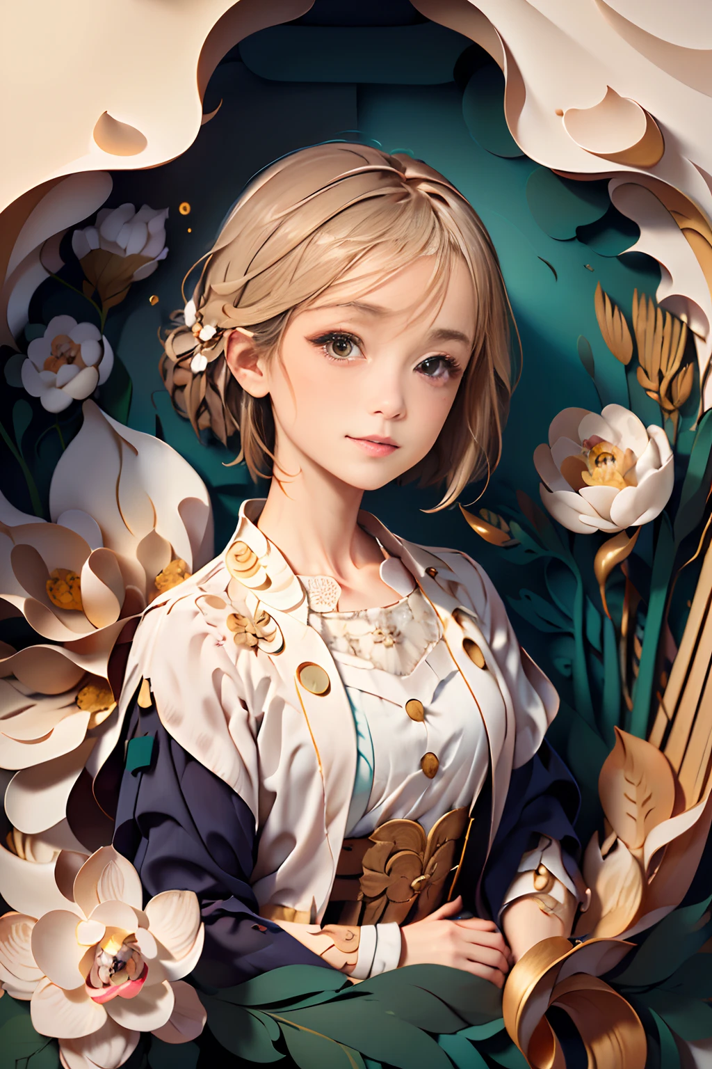 ((((Masterpiece))), Best quality, Illustrations, Beautiful details glow,
Paper_cut, girl face details clear to the camera,bamboos,pines,an orchid flower