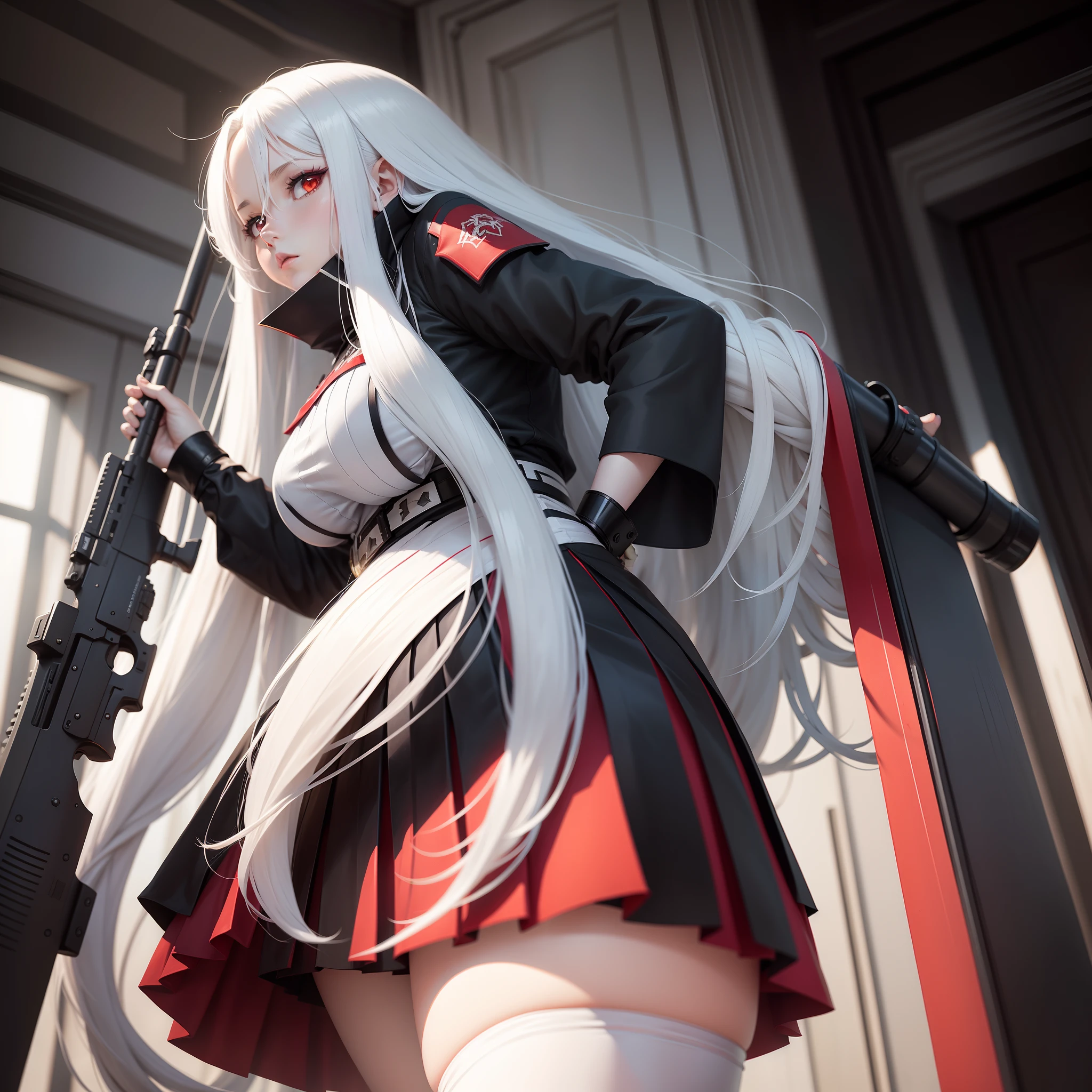 Long white hair, Red eyes, Wear pleated skirts, Wearing black stockings, Plump body, An anime character, Only one person with a rifle