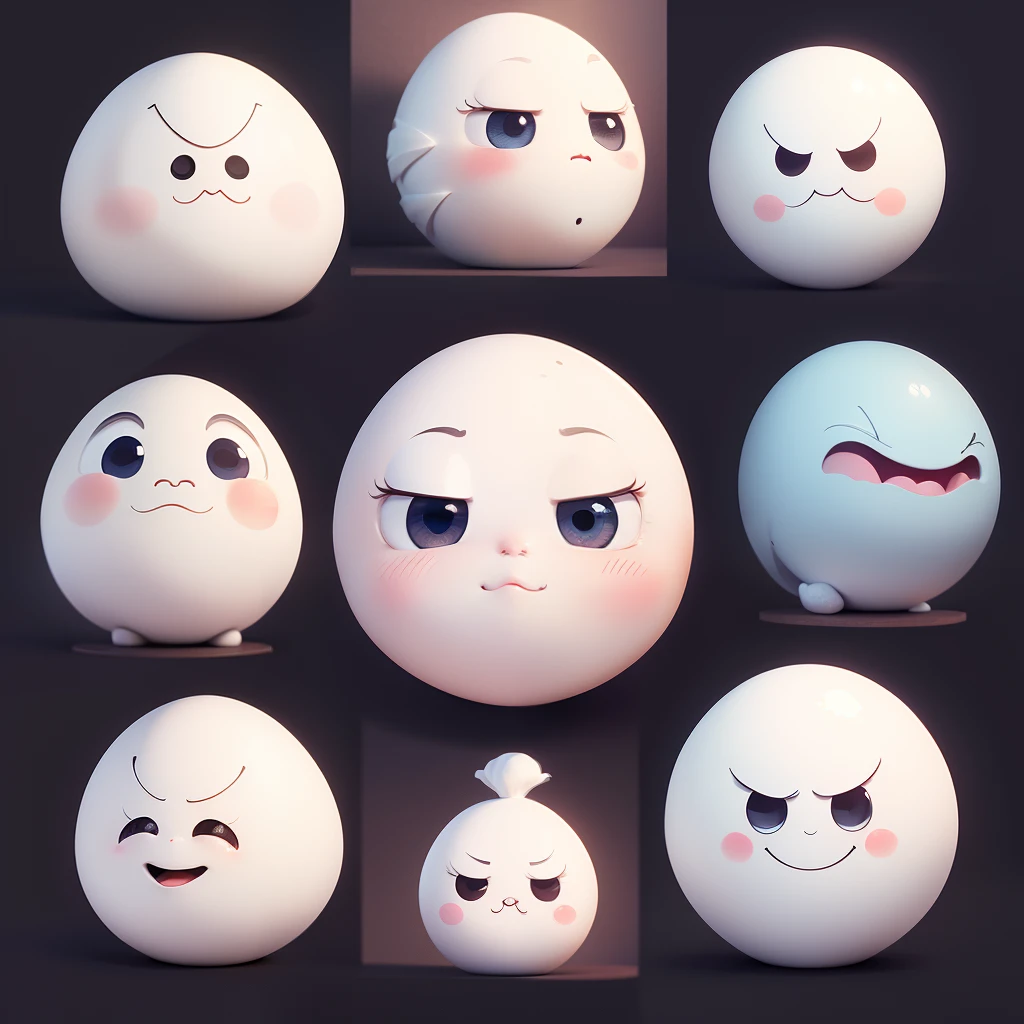 a close up of a white egg with a face and eyes, pale round face, humpty dumpty in form of egg, disney cartoon face, face shown, small round face,screaming, smirk, puckered lips,   gloom (expression), scowl,   jealous,  fume，full-face blush, laughing, smug, doyagao, smiley, smile，Various expressions, round cute face, round - face, negao,