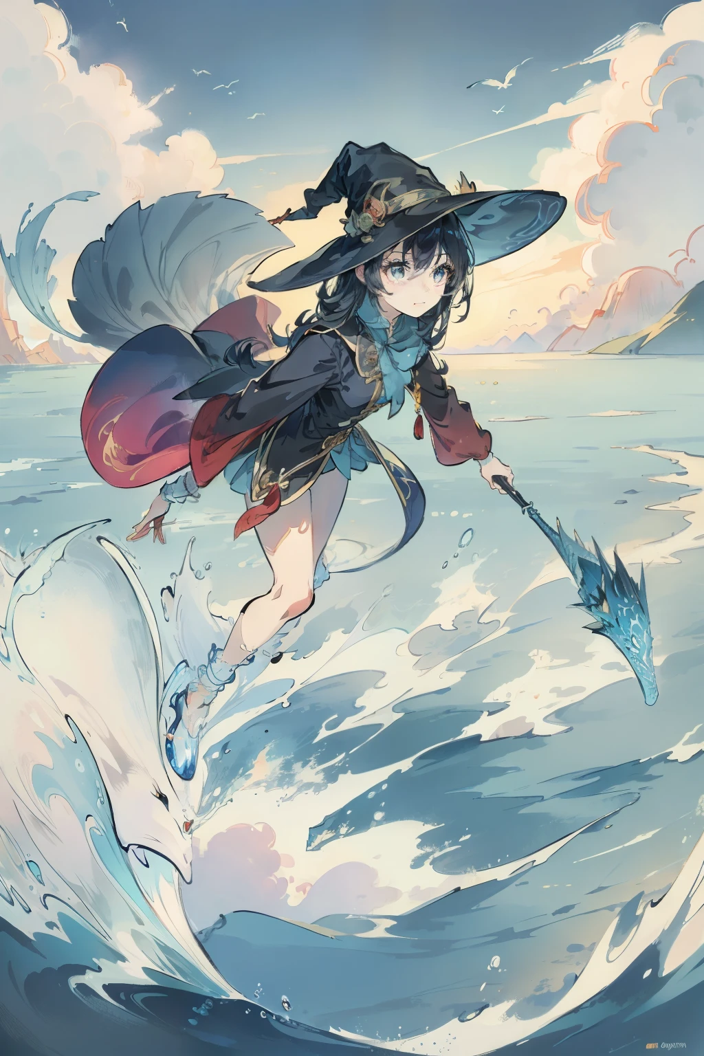 Bright colors,Magic background,loong background,water background,the sky background,1girll,witch hat,dragon horn,is very beautiful,Dress conservatively,Fighting posture