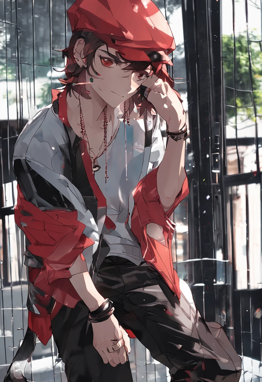 1   boy，cool guy，brunette color hair，comma hair，Forehead comma hair，Street style，shiny，red eyes，looking at viewert，The upper part of the body，MagazineCover，Sleeping rain Chi Nan Pansy beckoned words