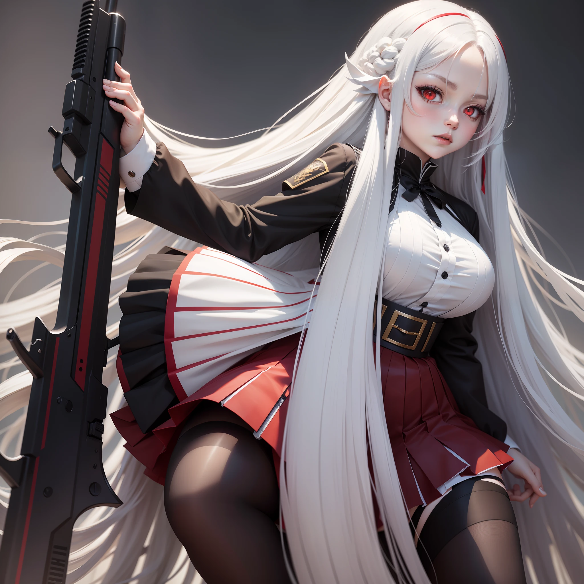 Long white hair, Red eyes, Wear pleated skirts, Wearing black stockings, Plump body, An anime character, Only one person with a rifle