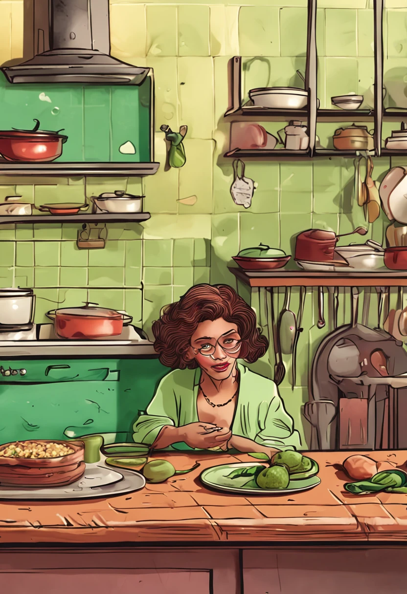 foto de estudio realista de uma mulher indiana de olhos verdes cozinhando comida em uma panela